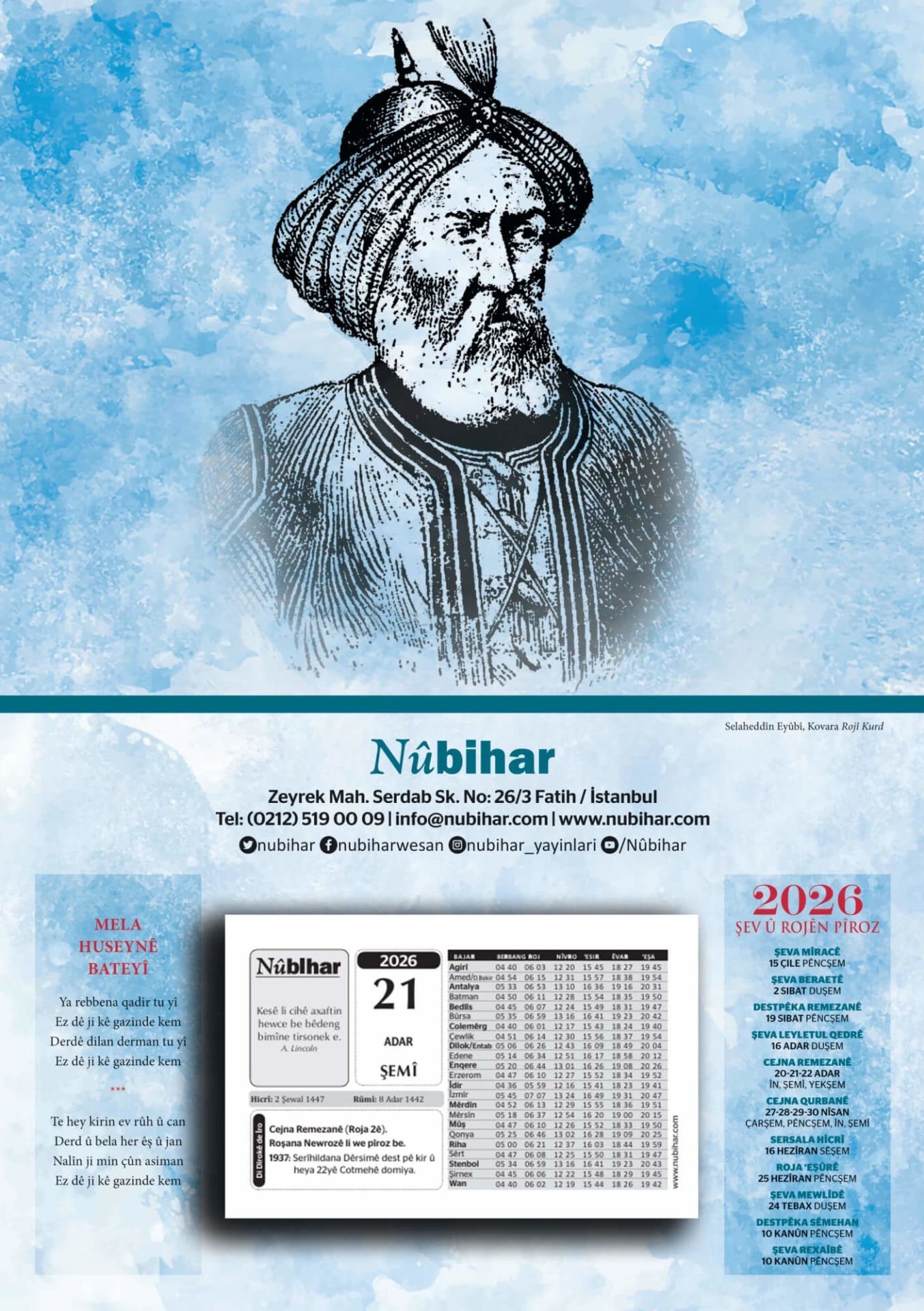 Salname 2026 Selaheddîn Eyûbî 2026 Kürtçe Takvim