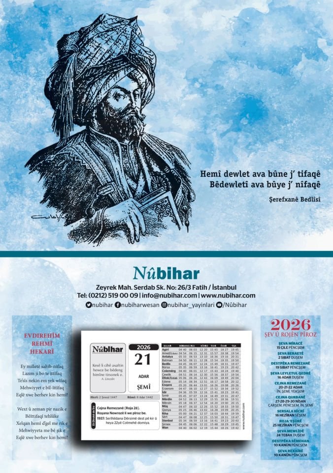 Salname 2026 Şerefxanê Bedlîsî 2026 Kürtçe Takvim
