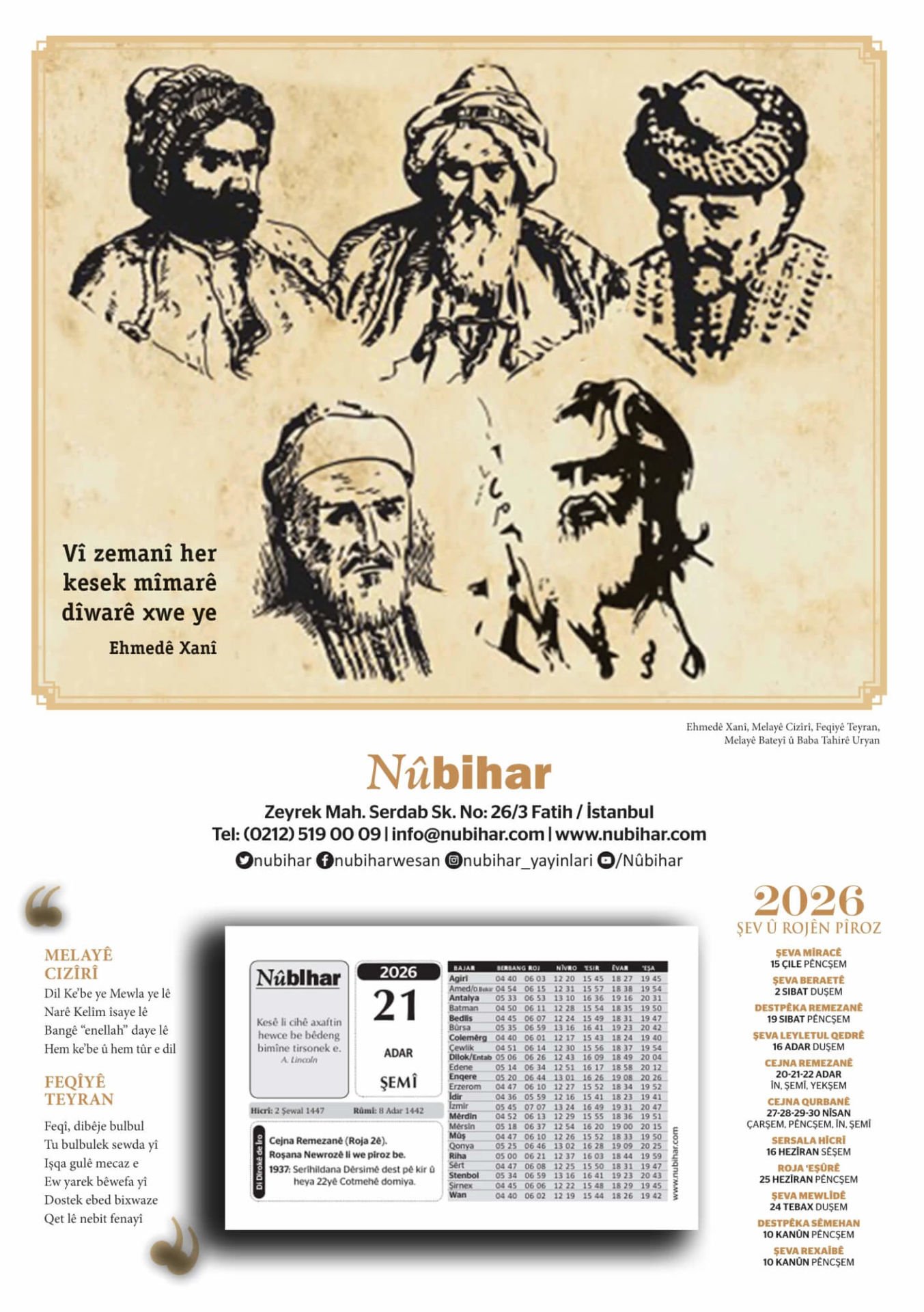 Salname 2026 5 Edîbên Kurd (Ehmedê Xanî, Melayê Cizîrî, Feqiyê Teyran, Melayê Bateyî, Baba Tahirê Uryan) 2026 Kürtçe Takvim
