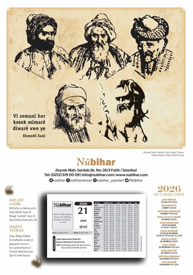 Salname 2026 5 Edîbên Kurd (Ehmedê Xanî, Melayê Cizîrî, Feqiyê Teyran, Melayê Bateyî, Baba Tahirê Uryan) 2026 Kürtçe Takvim