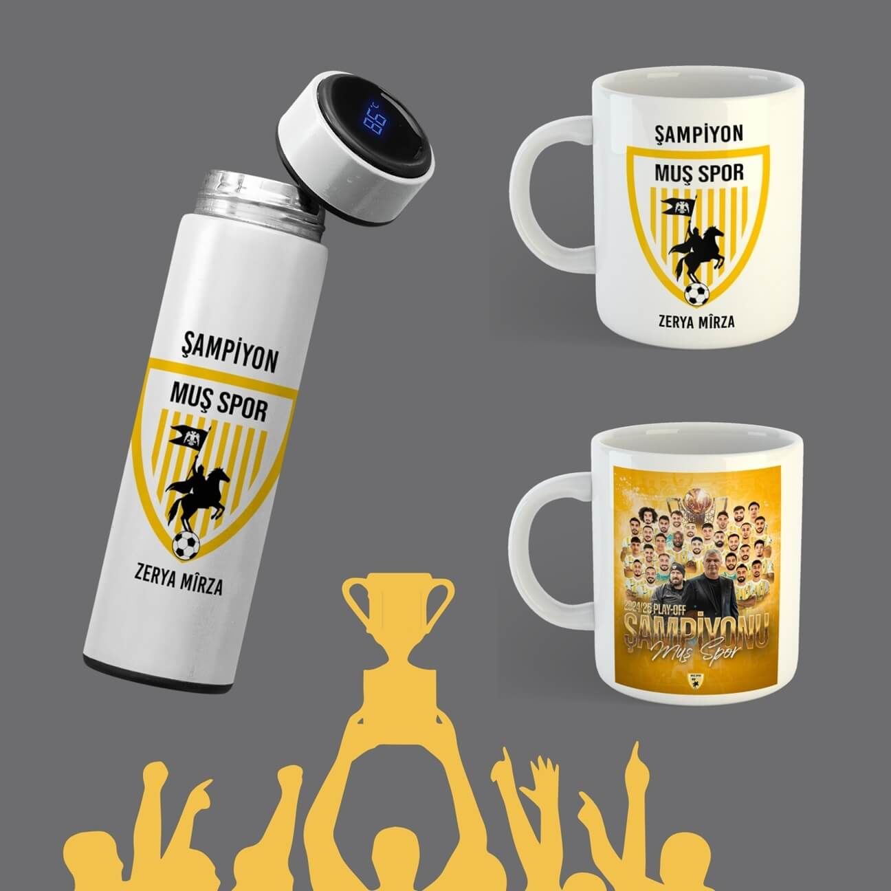 İsme Özel Muş Spor Termos Kupa Bardak Özel Şampiyonluk Seti (2 KUPA - 1 TERMOS)