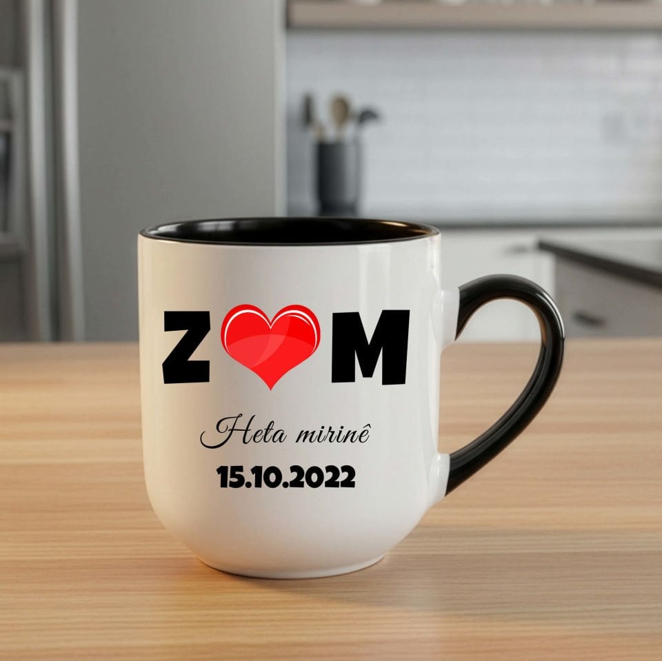 Sevgililere Özel Harfli Tarihli Elite Siyah Kalpli Kupa Bardak - Heta Mirinê Kürtçe Elite Kupası