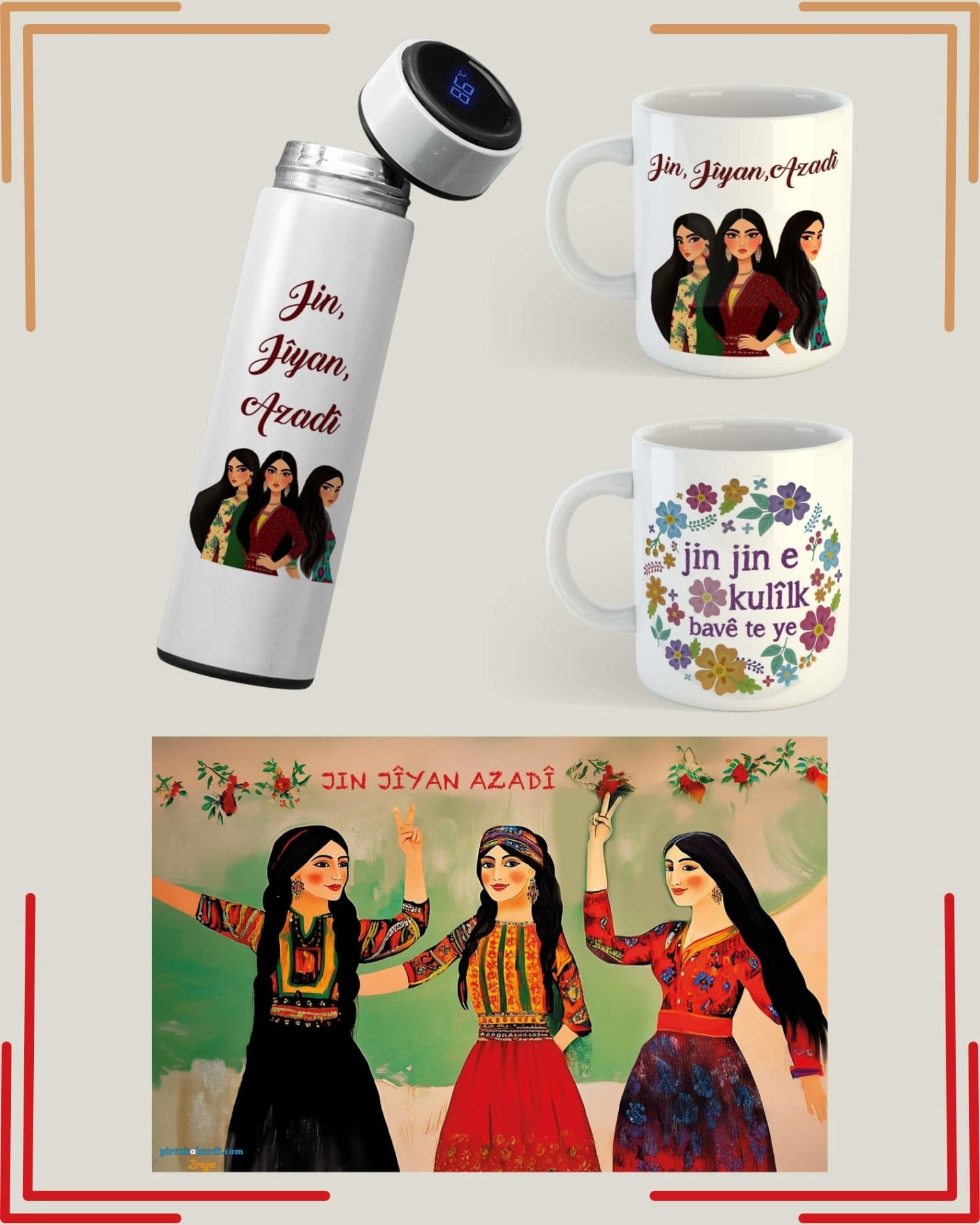 Jin Jiyan Azadi Tasarımlı Poster Kupa ve Termos Seti