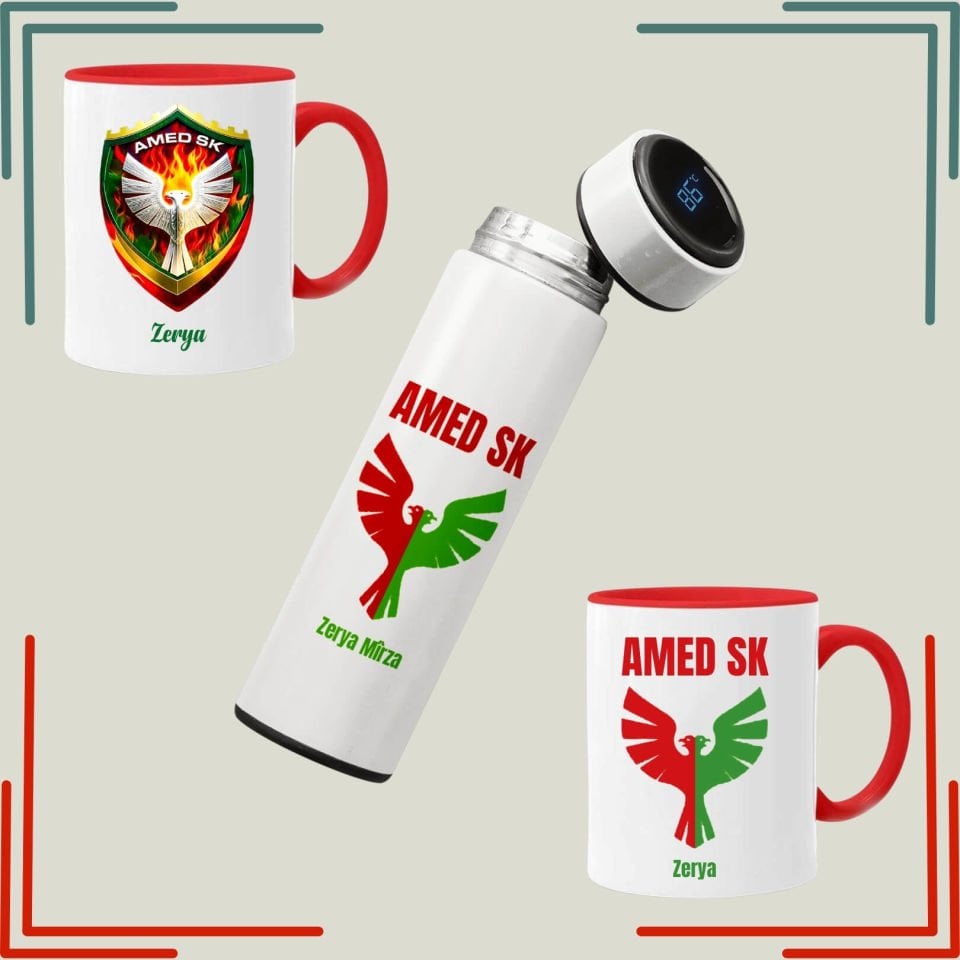 İsme Özel Kırmızı Klasik Kupalı ve Termoslu Amedspor Seti - Kişiye Özel Amed Spor Kupa Termos Seti