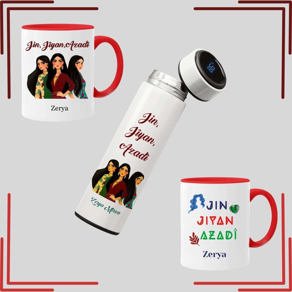 İsme Özel Kırmızı Klasik Kupalı ve Termoslu Jin Jiyan Azadi Seti