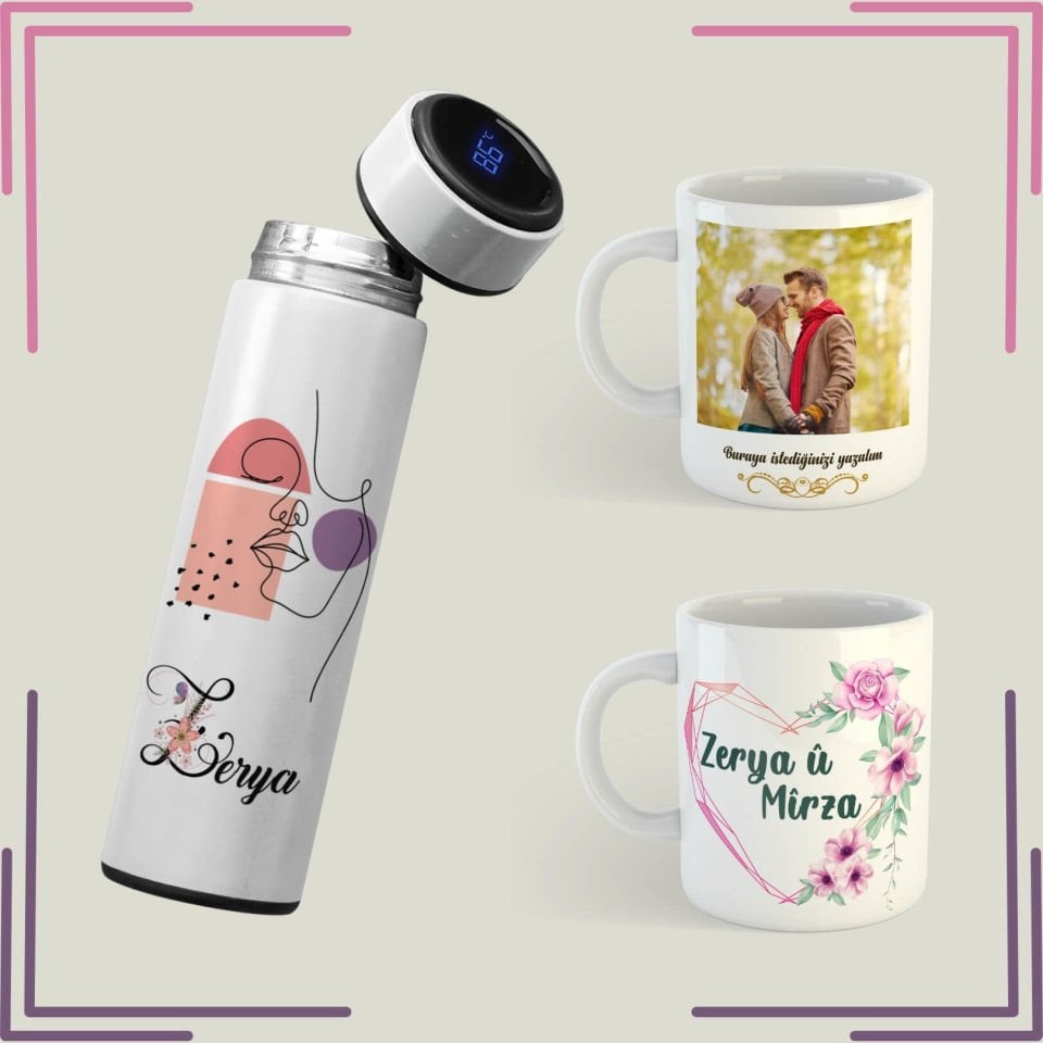 Sevgililere Özel Kupa ve Termos Seti - İsme Özel Resimli Kupa Bardak