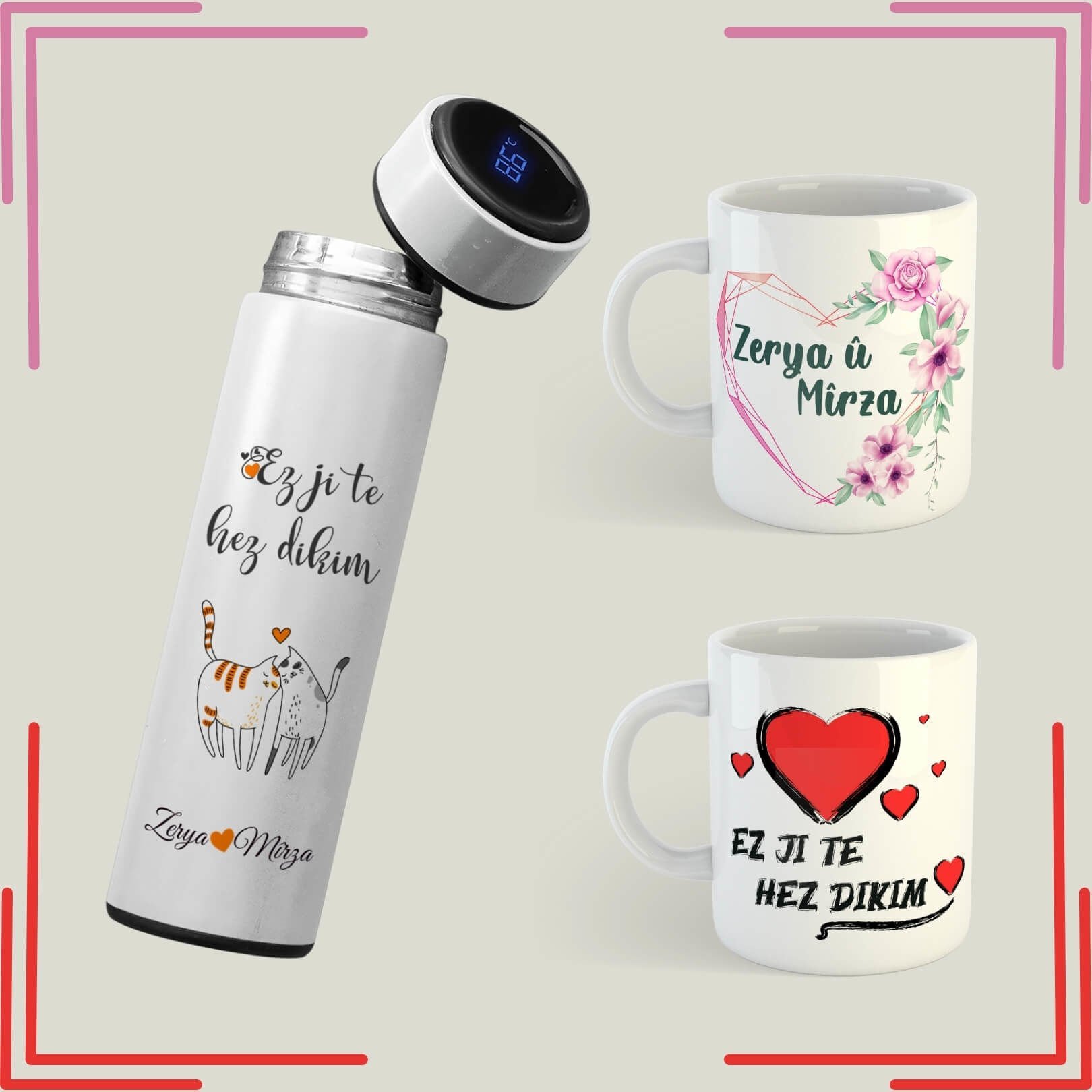Sevgililere İsme Özel Kürtçe Kupa ve Termos Seti - Ez Ji Te Hez Dikim Kupa Bardak