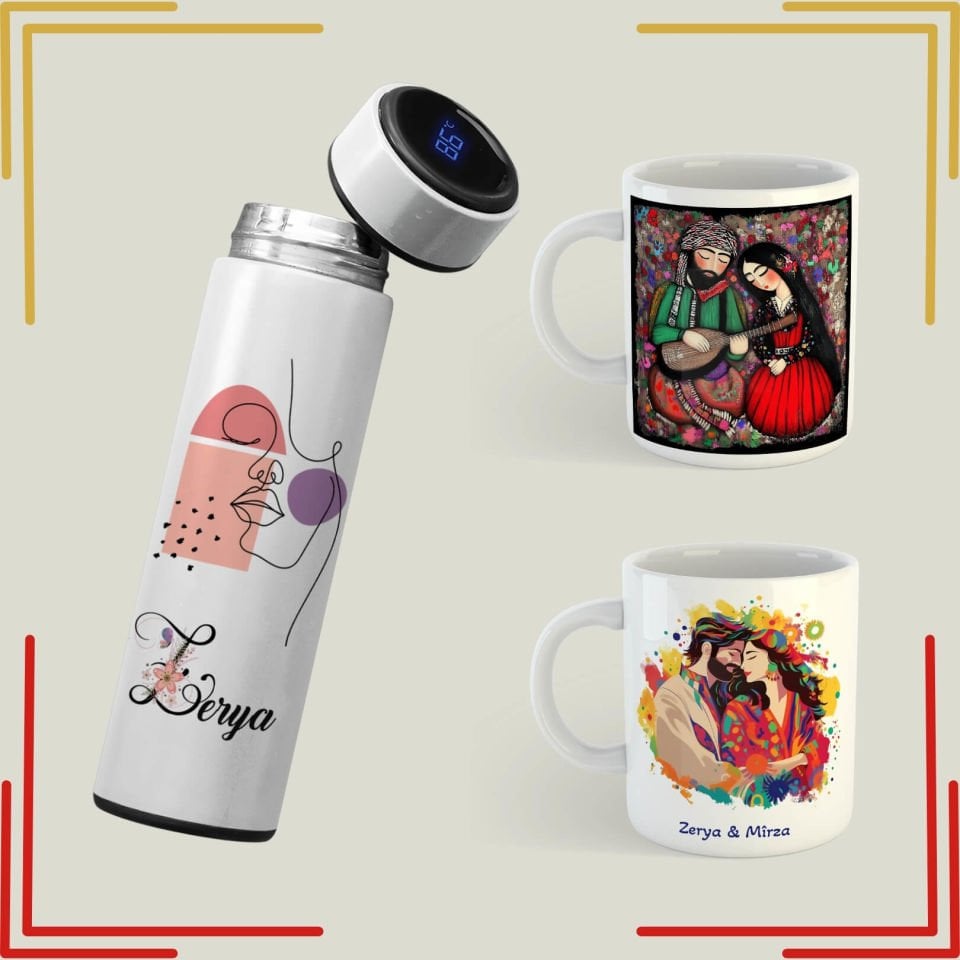 Sevgililere İsme Özel Kürtçe Temalı Kupa ve Termos Seti - Sevgililer İçin Kürtçe Kupa Bardak