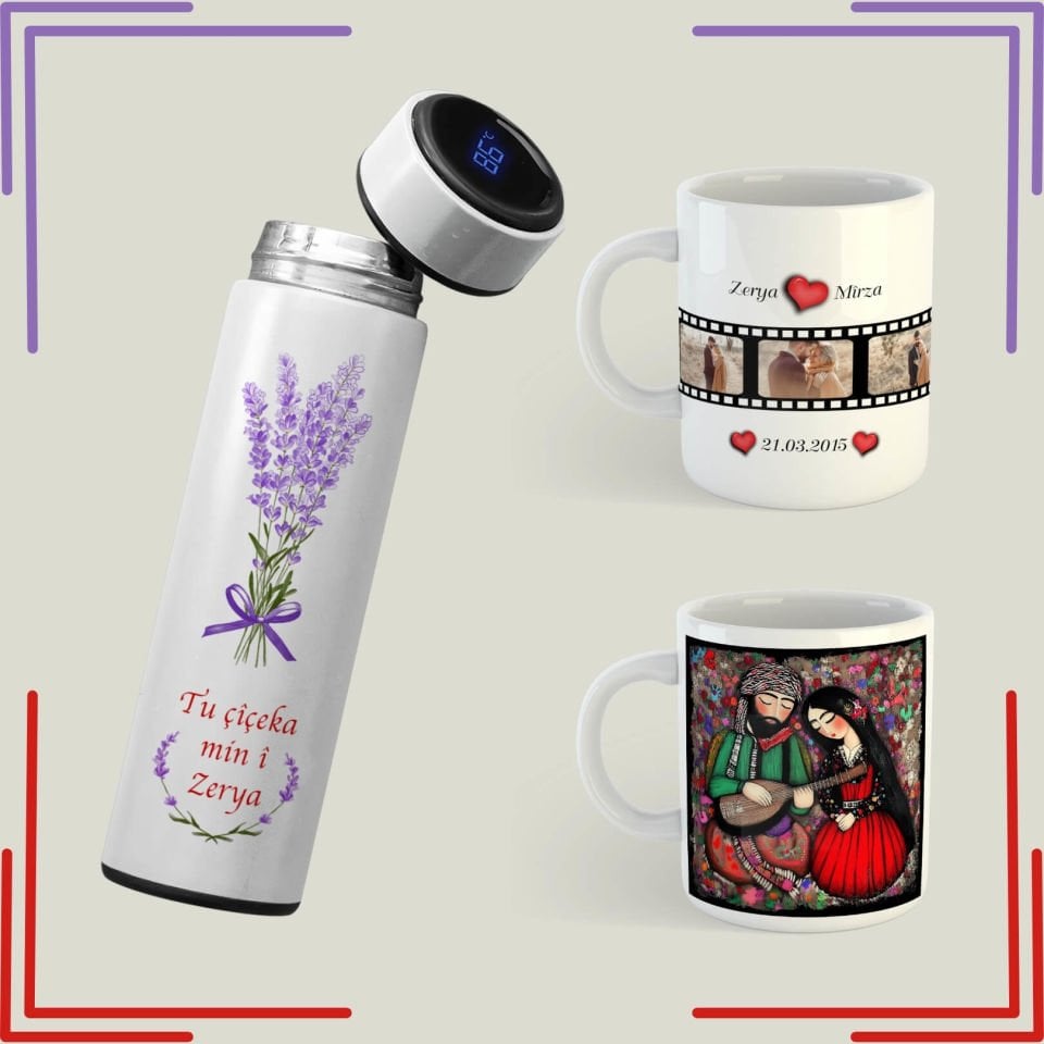 Sevgililere İsme Özel Kürtçe Temalı Resimli Tarihli Kupa ve Termos Seti - Sevgililer İçin Kürtçe Kupa Bardak