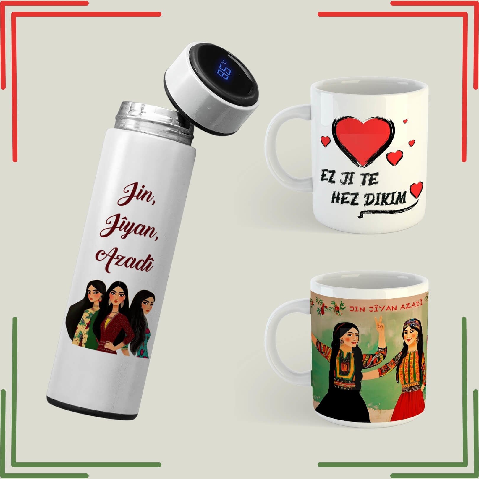 Jin Jiyan Azadi Temalı Kupa ve Termos Seti - Ez Ji Te Hez Dikim Kürtçe Kupa Bardak