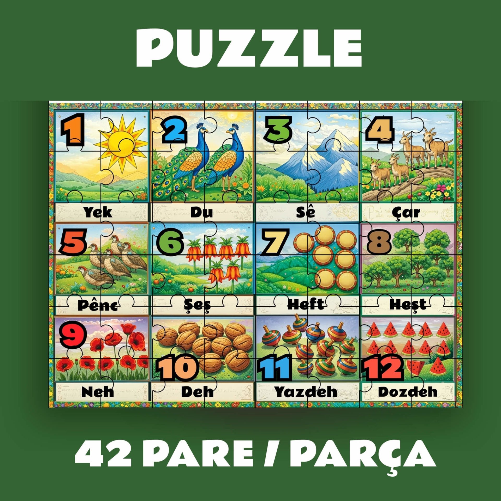 Pazil Bi Kurdî Hejmar Sayılar - Kürtçe Puzzle Yapboz (42 Pare/Parça - A4)