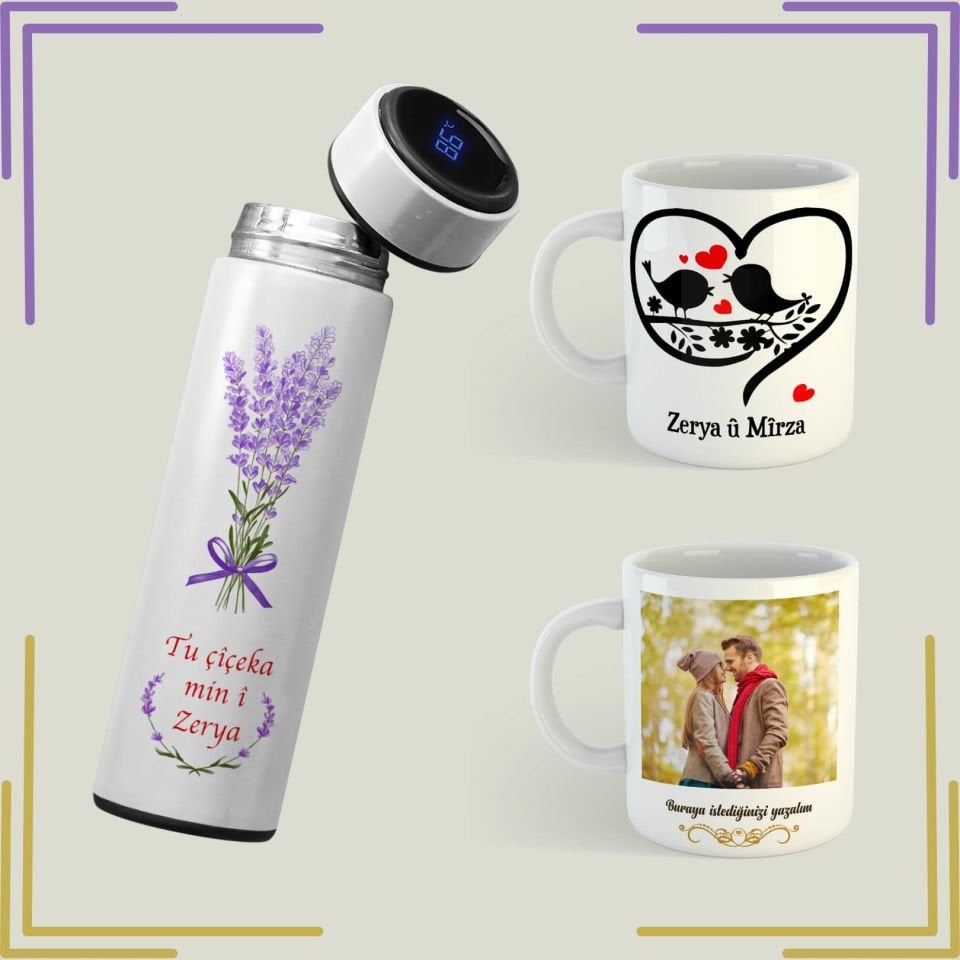 Sevgililere Özel Kupa ve Termos Seti - İsme Özel Notlu Resimli Kupa Bardak