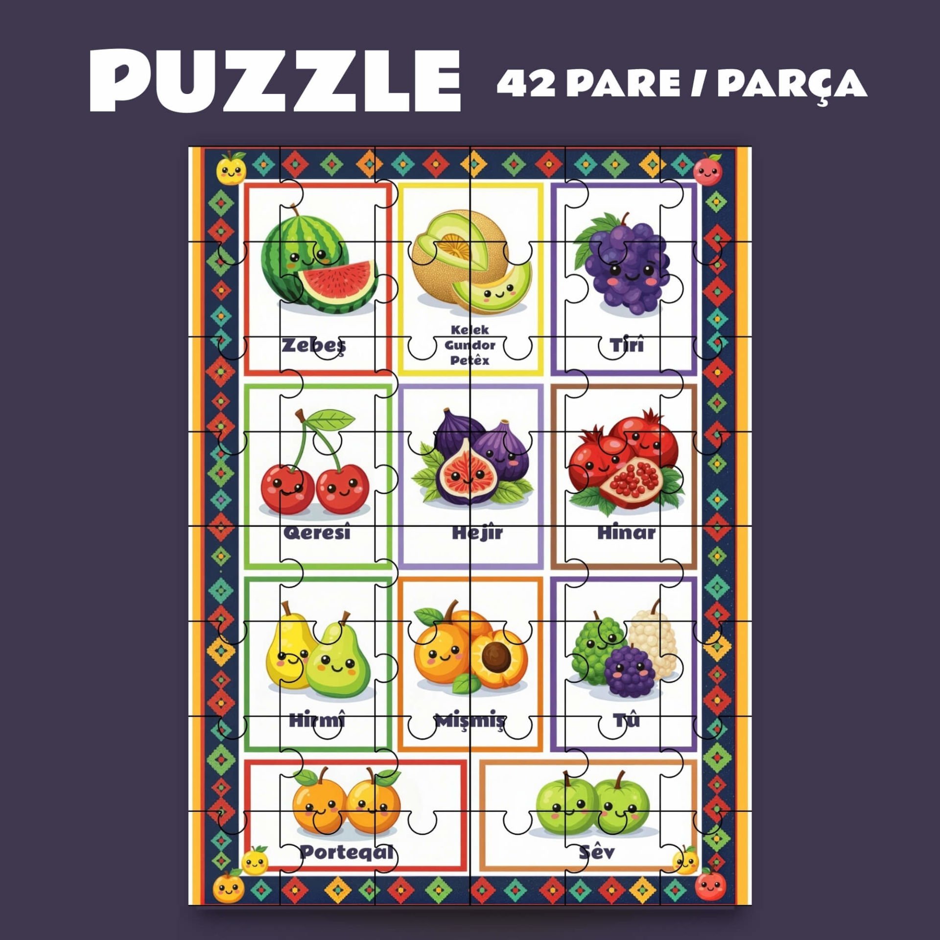 Pazil Bi Kurdî Fêkî Meyve - Kürtçe Puzzle Yapboz (42 Pare/Parça - A4)