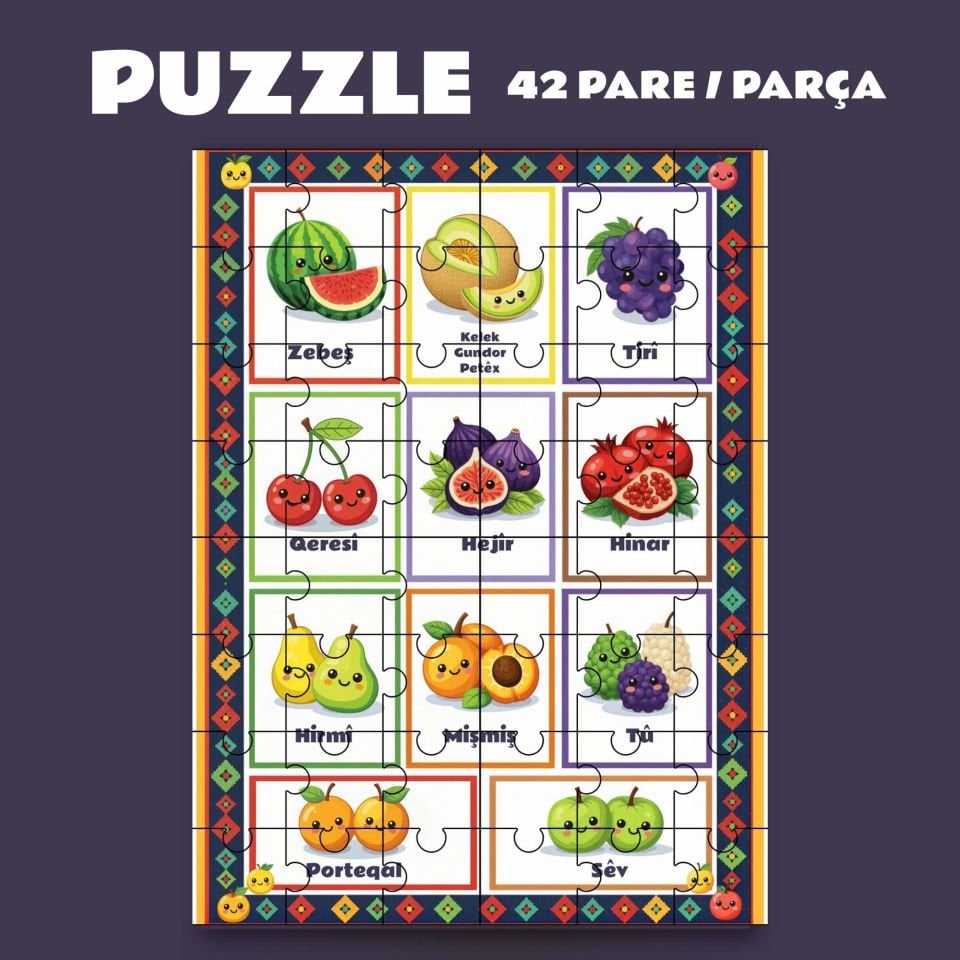 Puzzle Bi Kurdî Fêkî Meyve - Kürtçe Puzzle (42 Pare/Parça - A4)