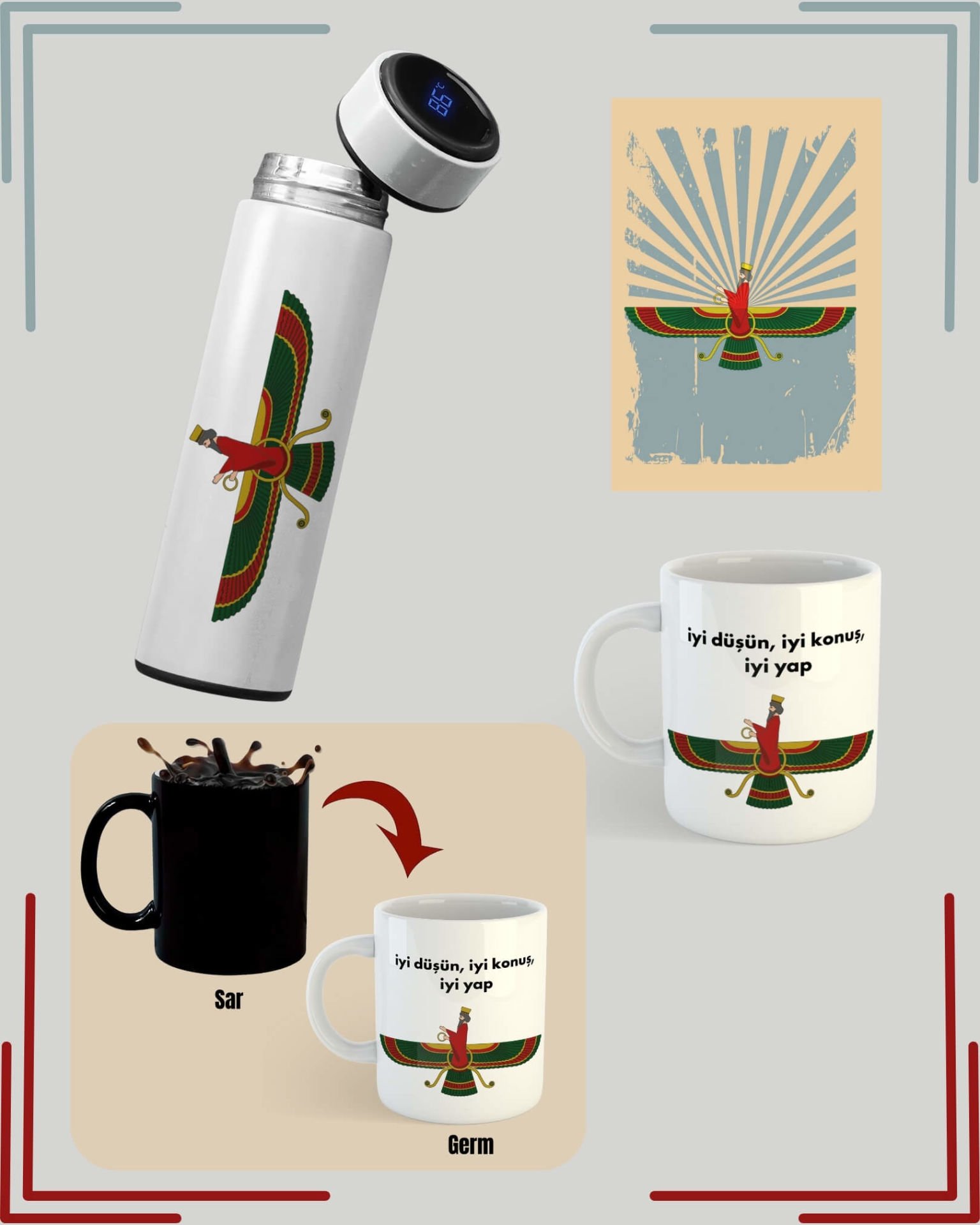 Ahura Mazda Kupa Termos ve Not Defteri Seti - Ahura Mazda Resimli Kupa Bardak