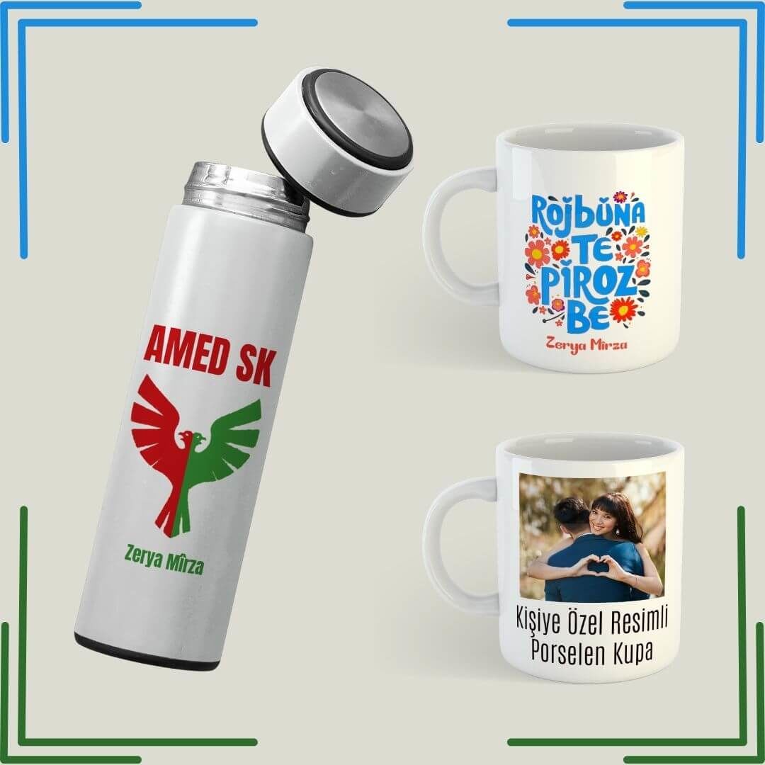 İsme Özel Amedspor Termosu - Kürtçe İsme Özel Doğum Günü Kutlama Kupası - Resim Bastırmalı Kupa Bardak