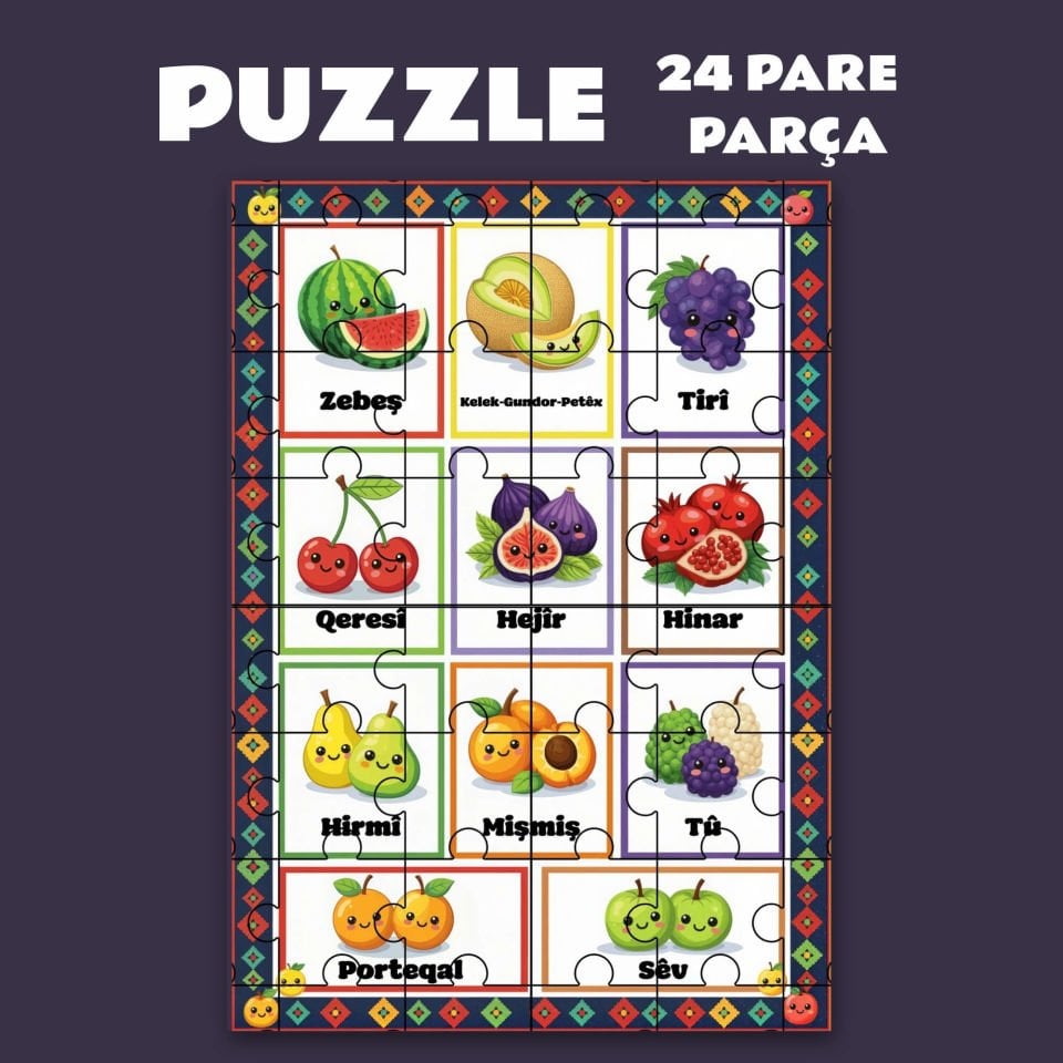 Pazil Bi Kurdî Fêkî Meyve  - Kürtçe Puzzle Yapboz (24 Pare/Parça - A5)