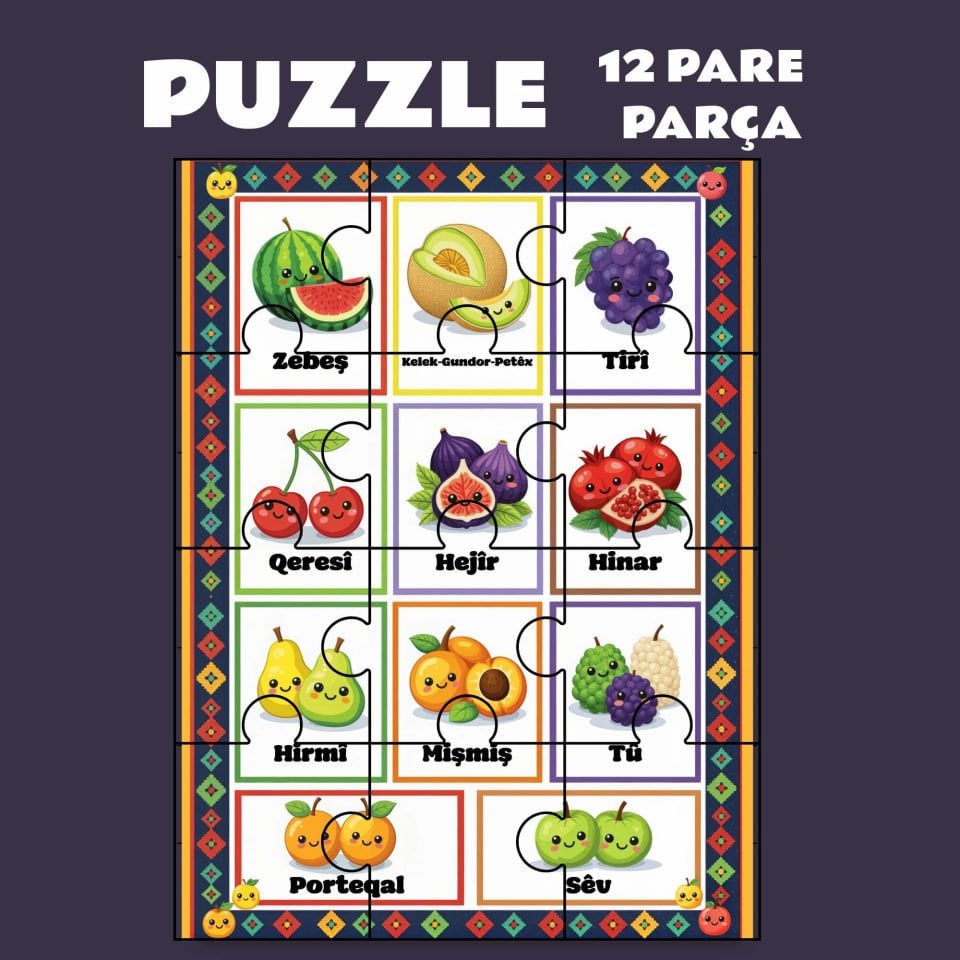 Pazil Bi Kurdî Fêkî Meyve - Kürtçe Magnetli Puzzle Yapboz (12 Pare/Parça - A5)