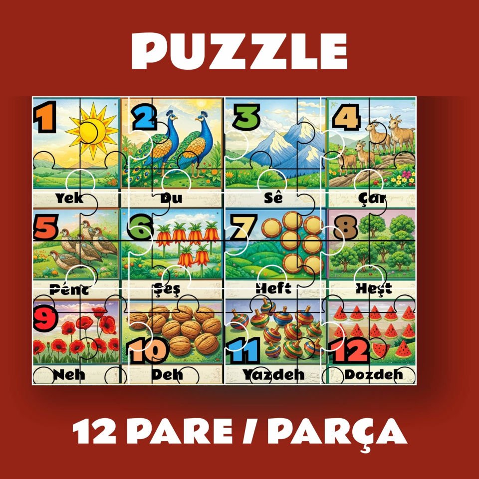 Pazil Bi Kurdî Hejmar Sayılar - Kürtçe Magnetli Puzzle Yapboz (12 Pare/Parça - A5)