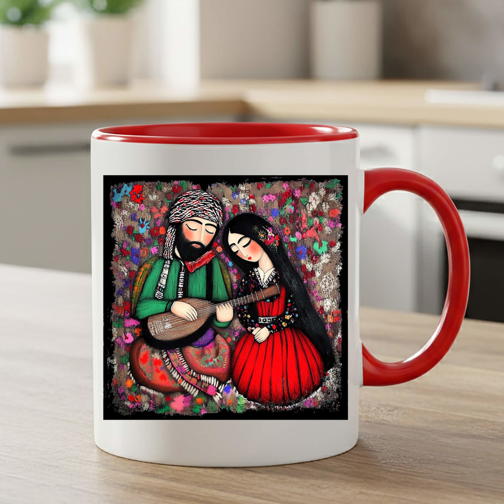 Sevgiliye Özel Mem û Zin Tasarımlı Klasik Kırmızı Kupa Bardak - Mem û Zin Tasarımlı Klasik Kırmızı Kupası