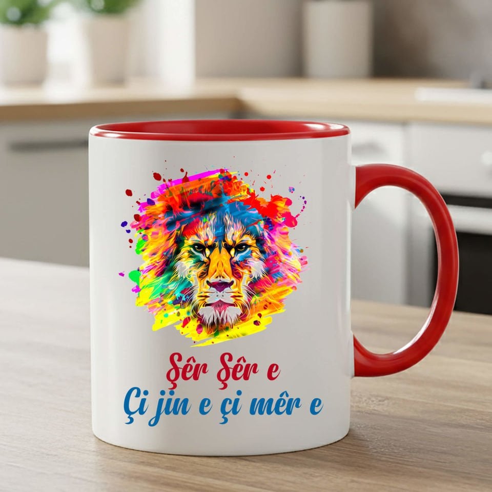 Şêr Şêr e Çi Jin e Çi Mêr e Tasarımlı Klasik Kırmızı Kupa Bardak - Şêr Şêr e Çi Jin e Çi Mêr e Kürtçe Klasik Kırmızı Kupası