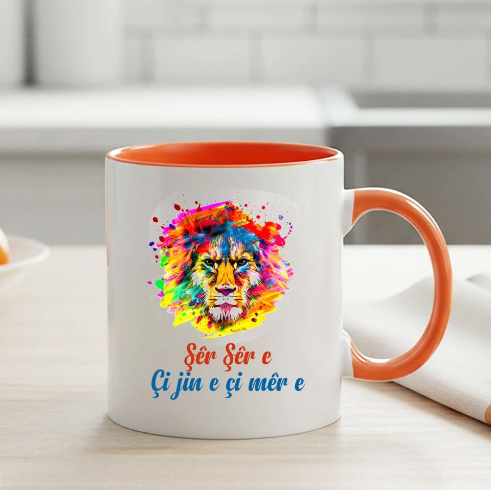 Şêr Şêr e Çi Jin e Çi Mêr e Tasarımlı Klasik Turuncu Kupa Bardak - Şêr Şêr e Çi Jin e Çi Mêr e Kürtçe Klasik Turuncu Kupası