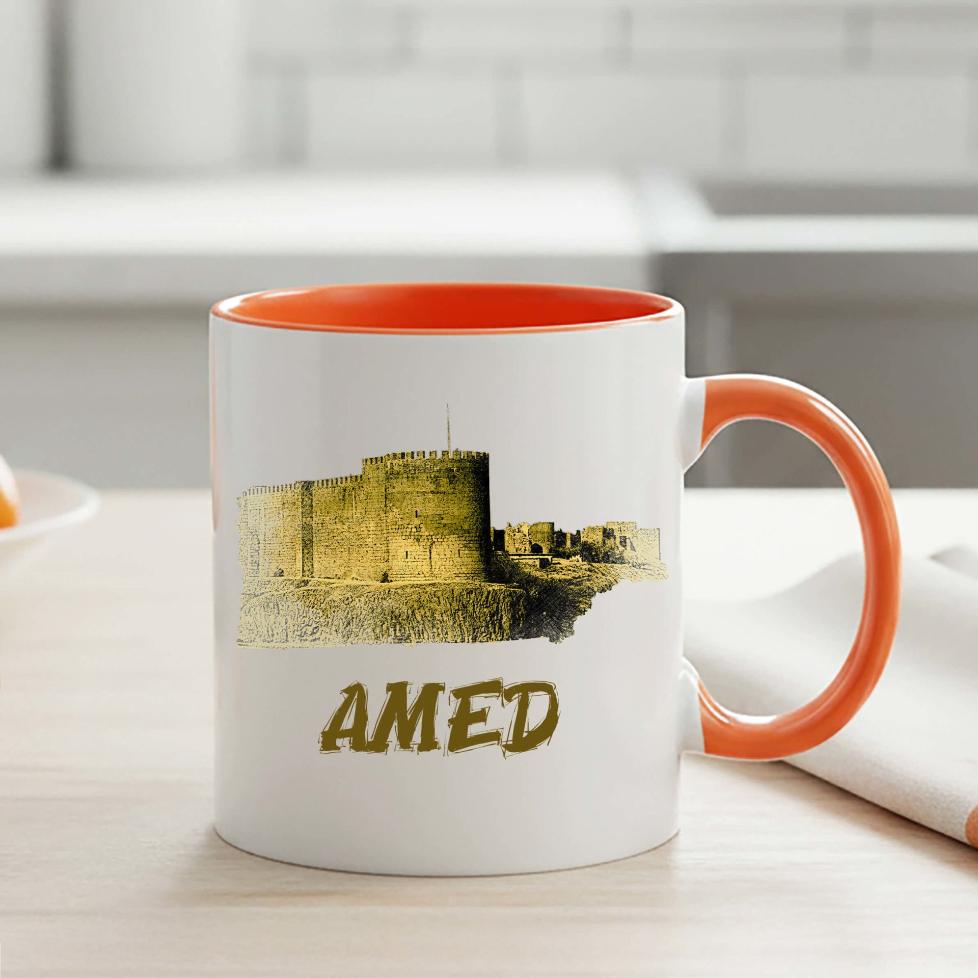 Amed Surları Tasarımlı Klasik Turuncu Kupa Bardak - Amed Klasik Turuncu Kupası