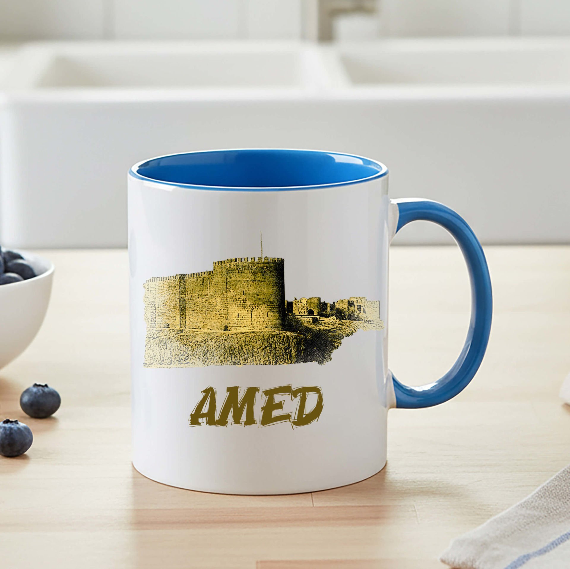 Amed Surları Tasarımlı Klasik Mavi Kupa Bardak - Amed Klasik Mavi Kupası