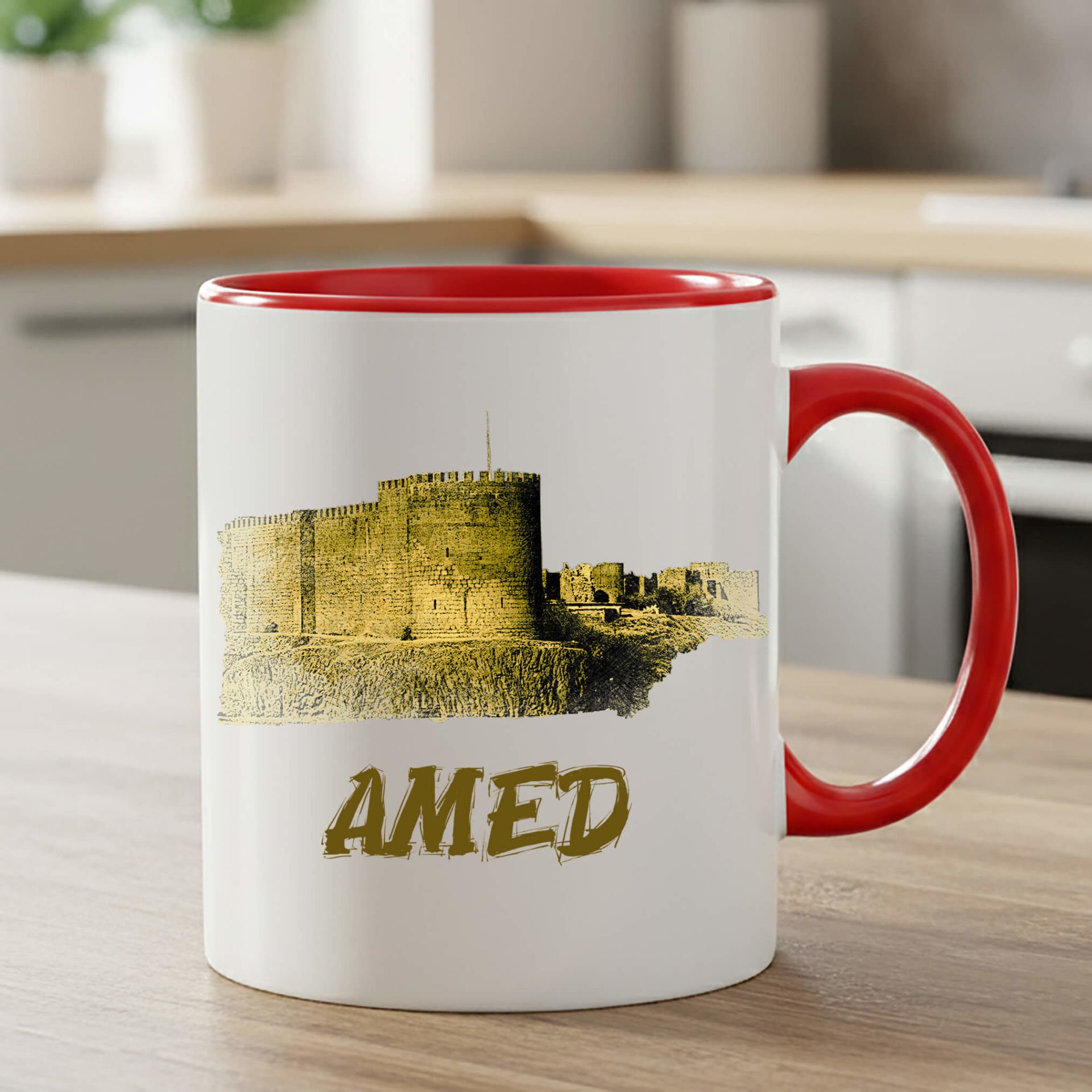 Amed Surları Tasarımlı Klasik Kırmızı Kupa Bardak - Amed Klasik Kırmızı Kupası