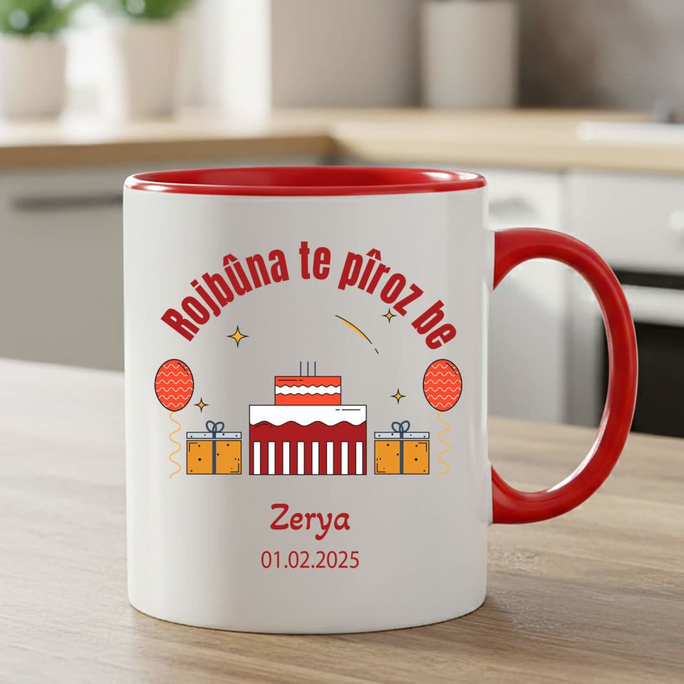 İsme Özel ve Doğum Tarihli Kürtçe Doğum Günü Kutlama Klasik Turuncu Renkli Kupa Bardağı - Rojbûna Te Pîroz be Klasik Turuncu Renkli Kupa Bardak