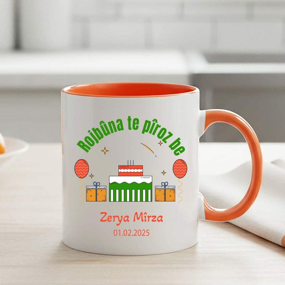 İsme Özel ve Doğum Tarihli Kürtçe Doğum Günü Kutlama Klasik Turuncu Renkli Kupa Bardağı - Rojbûna Te Pîroz be Klasik Turuncu Renkli Kupa Bardak