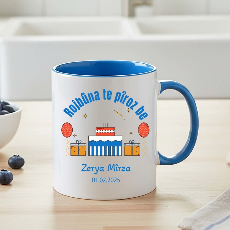 İsme Özel ve Doğum Tarihli Kürtçe Doğum Günü Kutlama Klasik Mavi Renkli Kupa Bardağı - Rojbûna Te Pîroz be Klasik Mavi Renkli Kupa Bardak