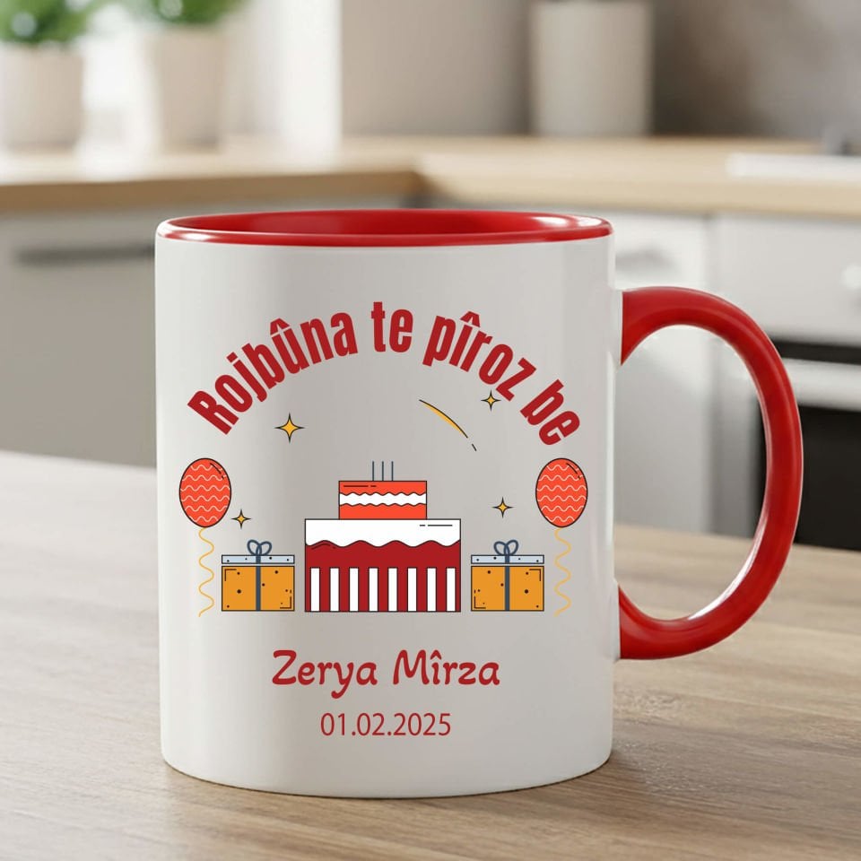 İsme Özel ve Doğum Tarihli Kürtçe Doğum Günü Kutlama Klasik Kırmızı Renkli Kupa Bardağı - Rojbûna Te Pîroz be Klasik Kırmızı Renkli Kupa Bardak