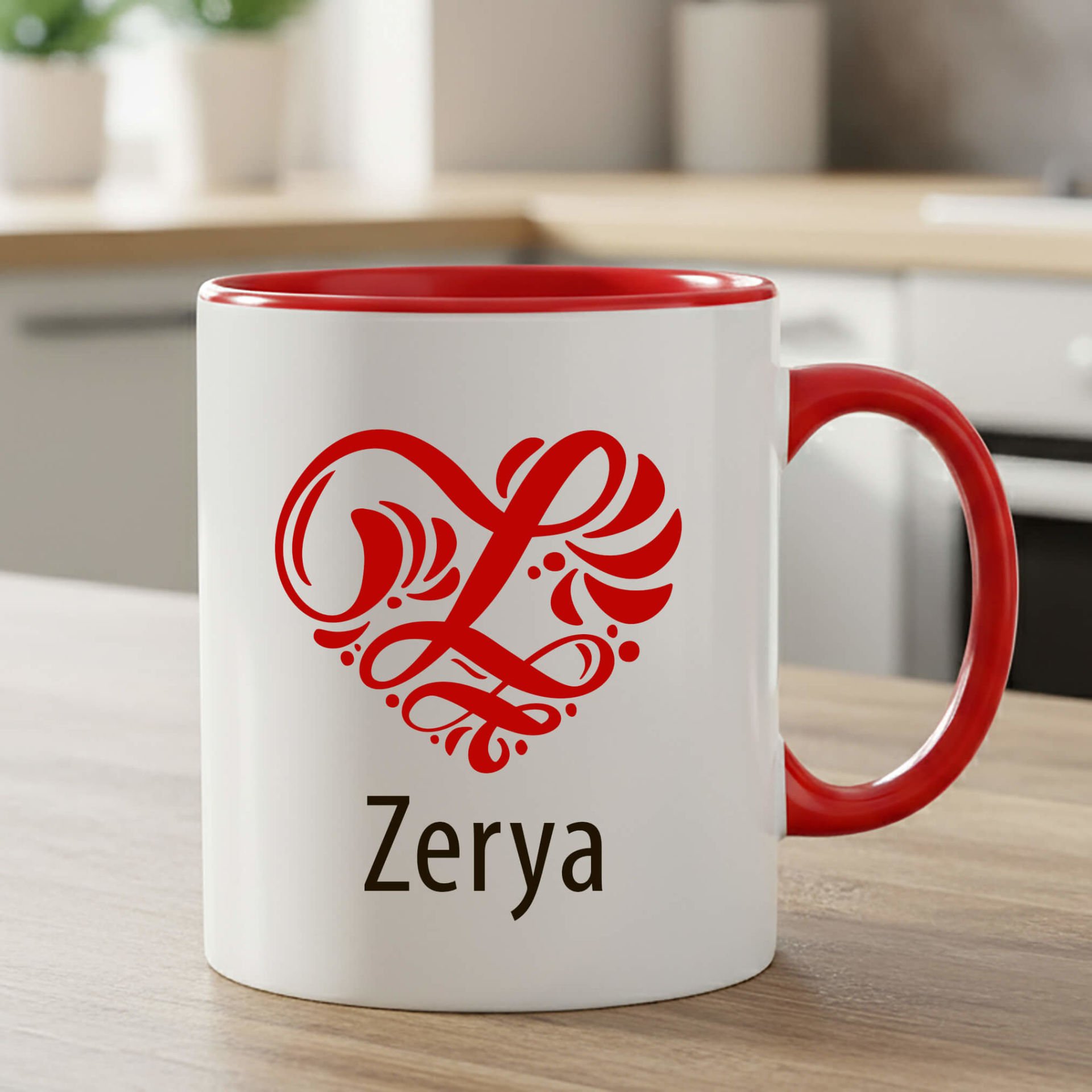 İsme Özel ve Kalp Desenli Klasik Kırmızı Renkli Kupa Bardağı - Sevgililer için Kalp Desenli Klasik Kırmızı Renkli Kupa Bardak