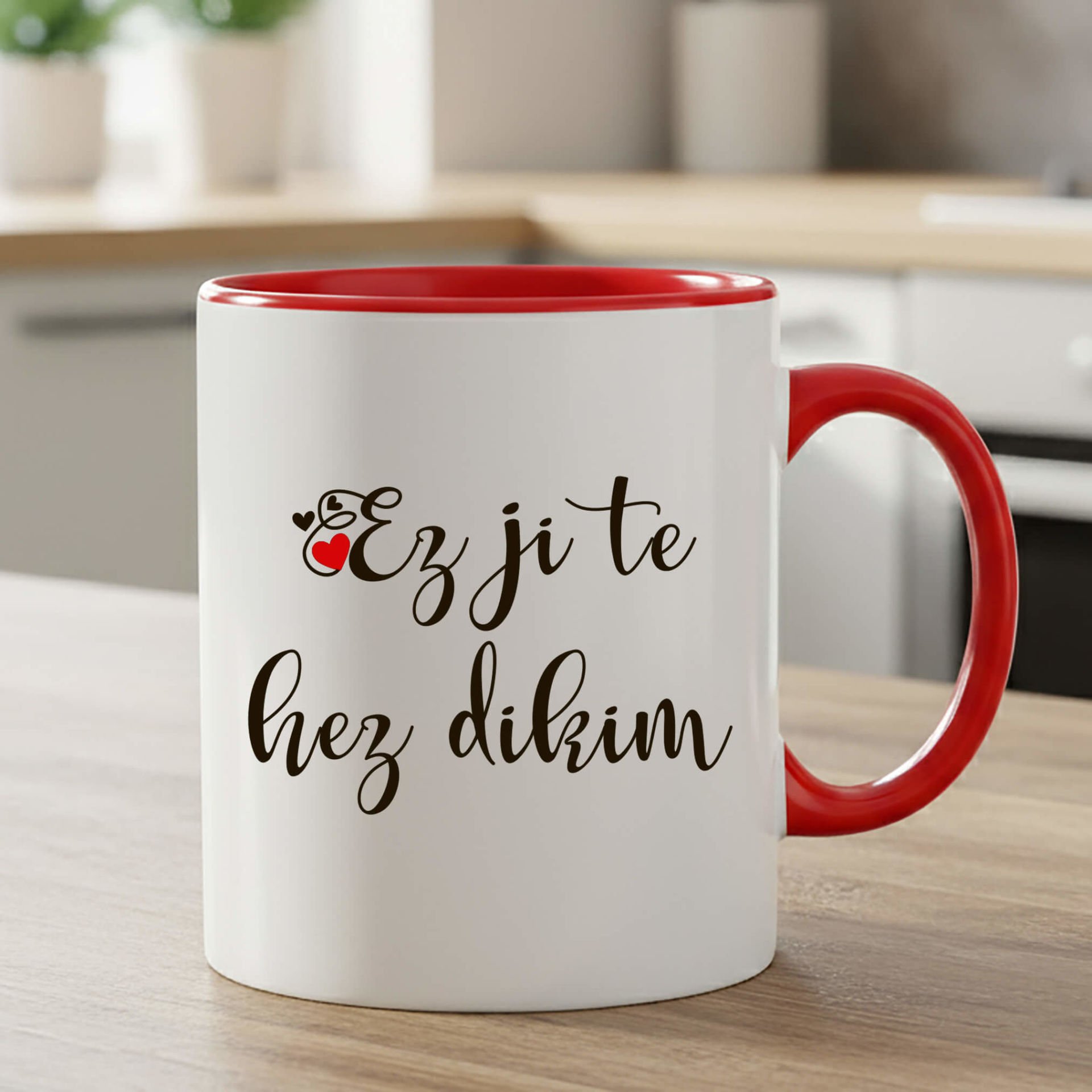 Kürtçe Ez Ji Te Hez Dikim Kırmızı Renkli Klasik Kupa Bardağı - Sevgililere Özel Ez Ji Te Hez Dikim Kırmızı Renkli Klasik Kupa Bardak