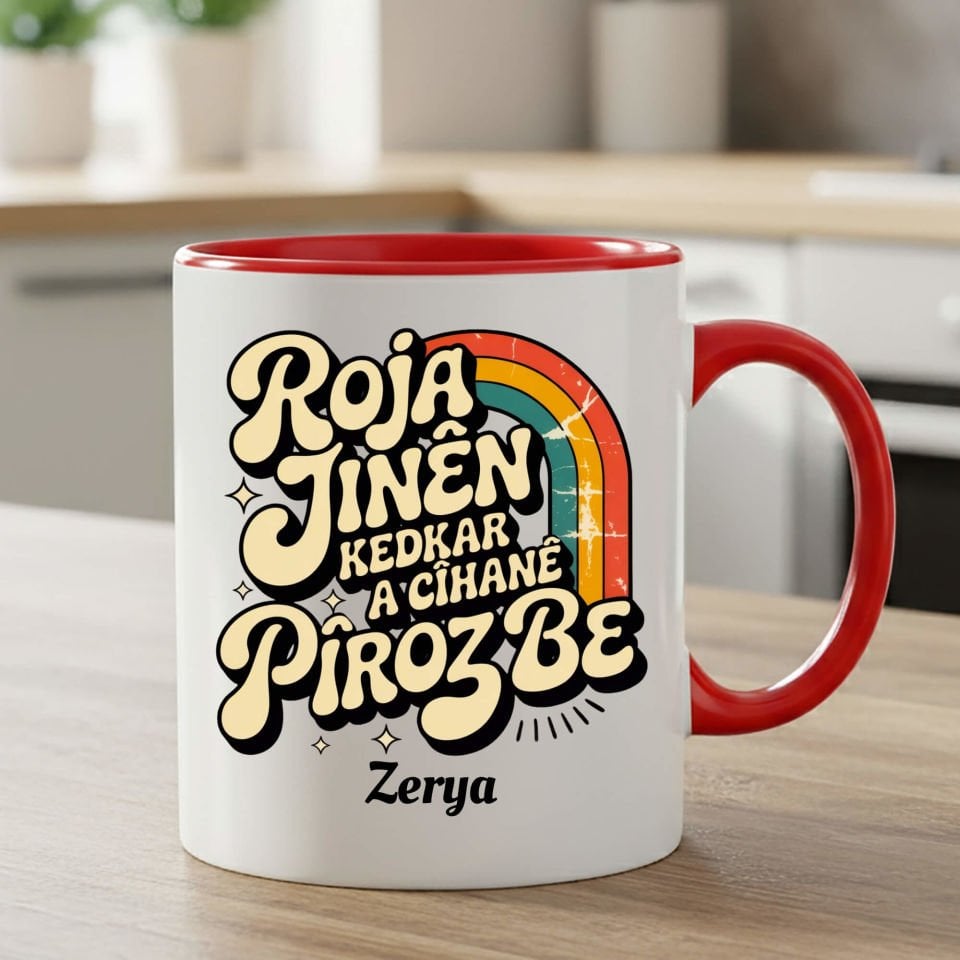 İsme Özel Roja Jinên Kedkar Ya Cîhanê Pîroz Be Klasik Kırmızı Renk Porselen Kupa Bardak - Kürtçe 8 Mart 8ê Adarê