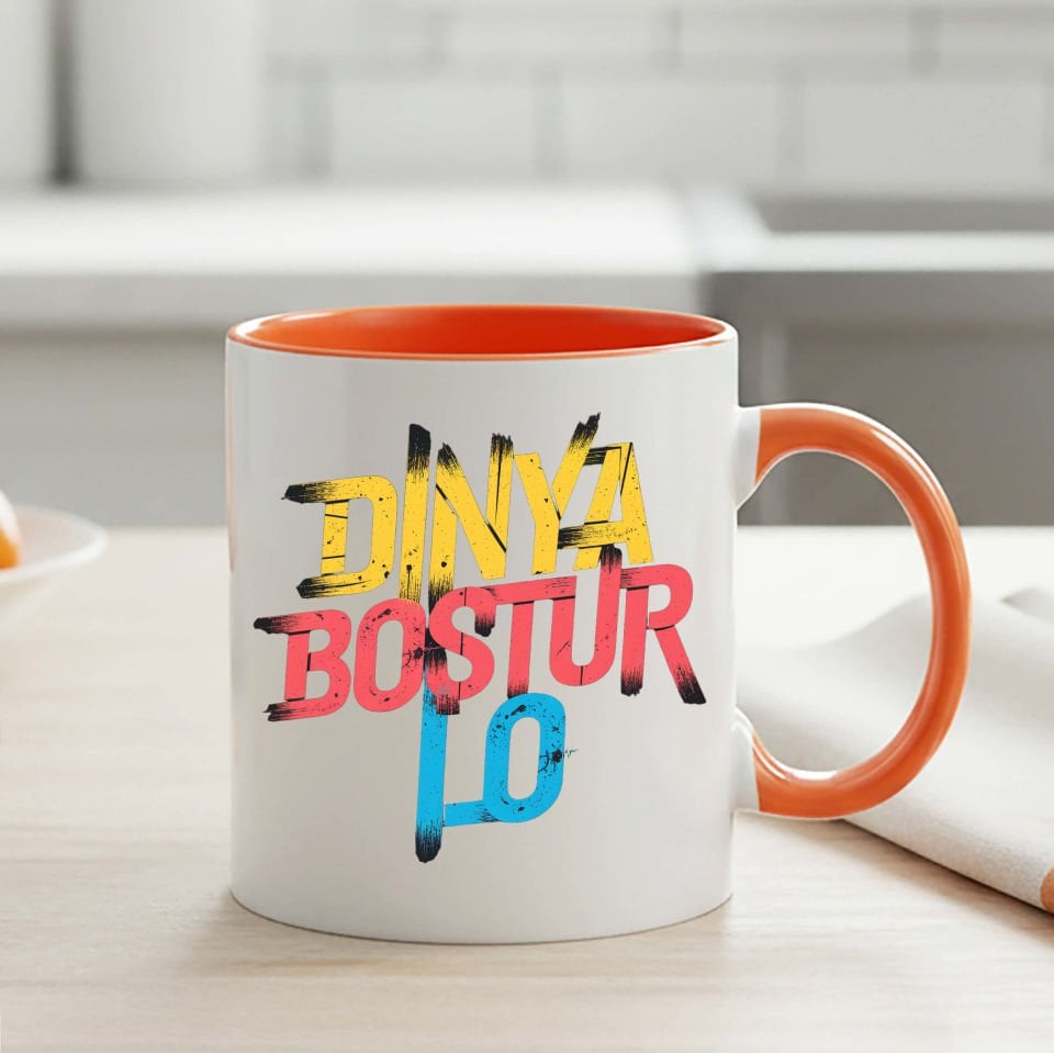 Dinya Boştur Lo Yazılı Turuncu Renkli Klasik Kupa Bardağı - Dünya Boştur Lo Turuncu Renkli Klasik Kupa Bardak