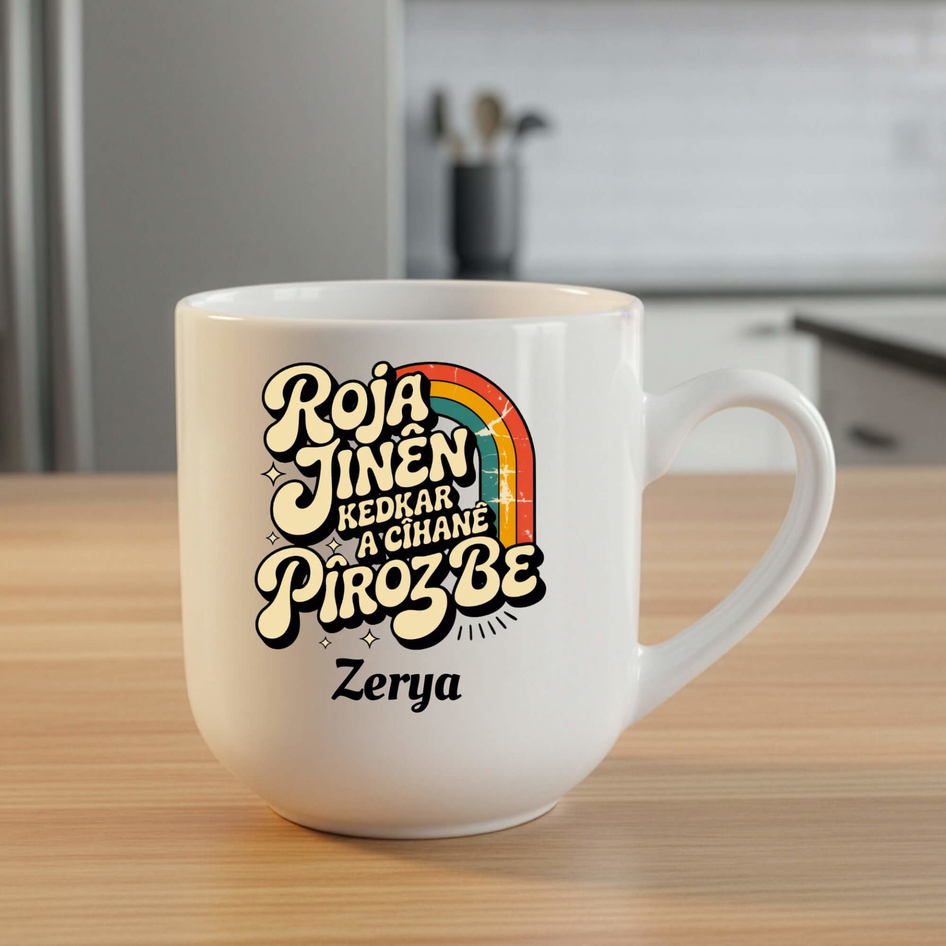 İsme Özel Kürtçe 8 Mart Roja Jinên Kedkar Ya Cîhanê Pîroz Be Elite Beyaz Renk Porselen Kupa Bardak - 8ê Adarê