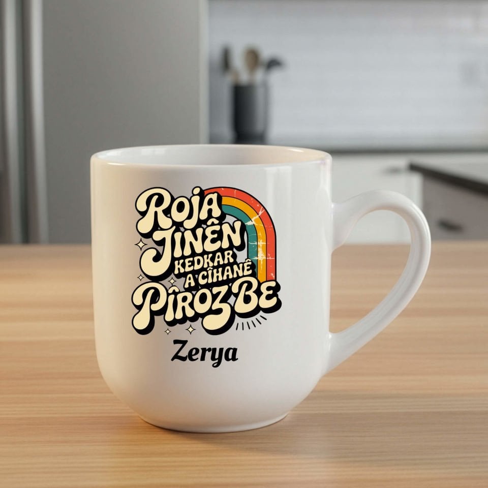 İsme Özel Kürtçe 8 Mart Roja Jinên Kedkar Ya Cîhanê Pîroz Be Elite Beyaz Renk Porselen Kupa Bardak - 8ê Adarê