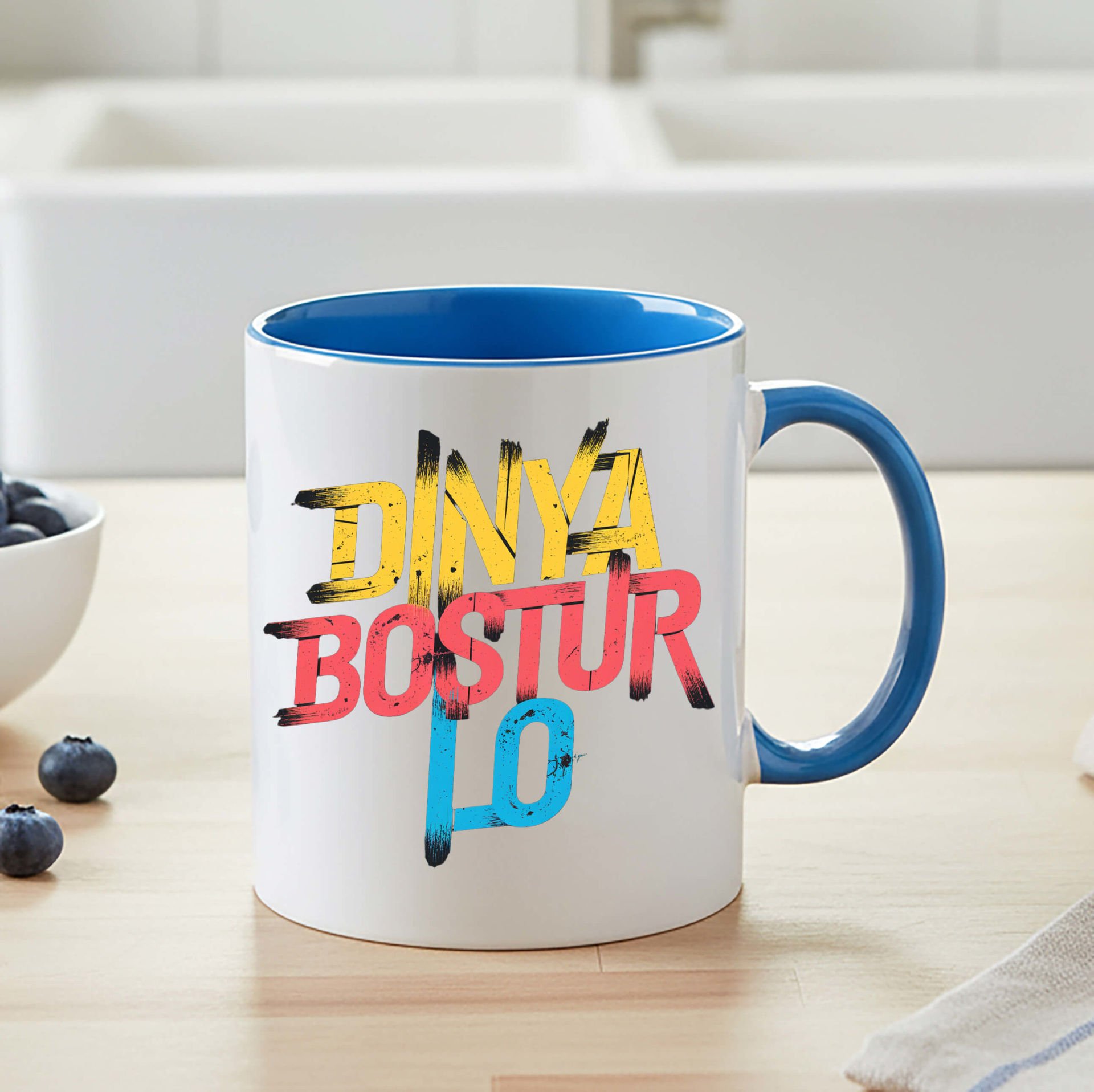 Dinya Boştur Lo Yazılı Mavi Renkli Klasik Kupa Bardağı - Dünya Boştur Lo Mavi Renkli Klasik Kupa Bardak