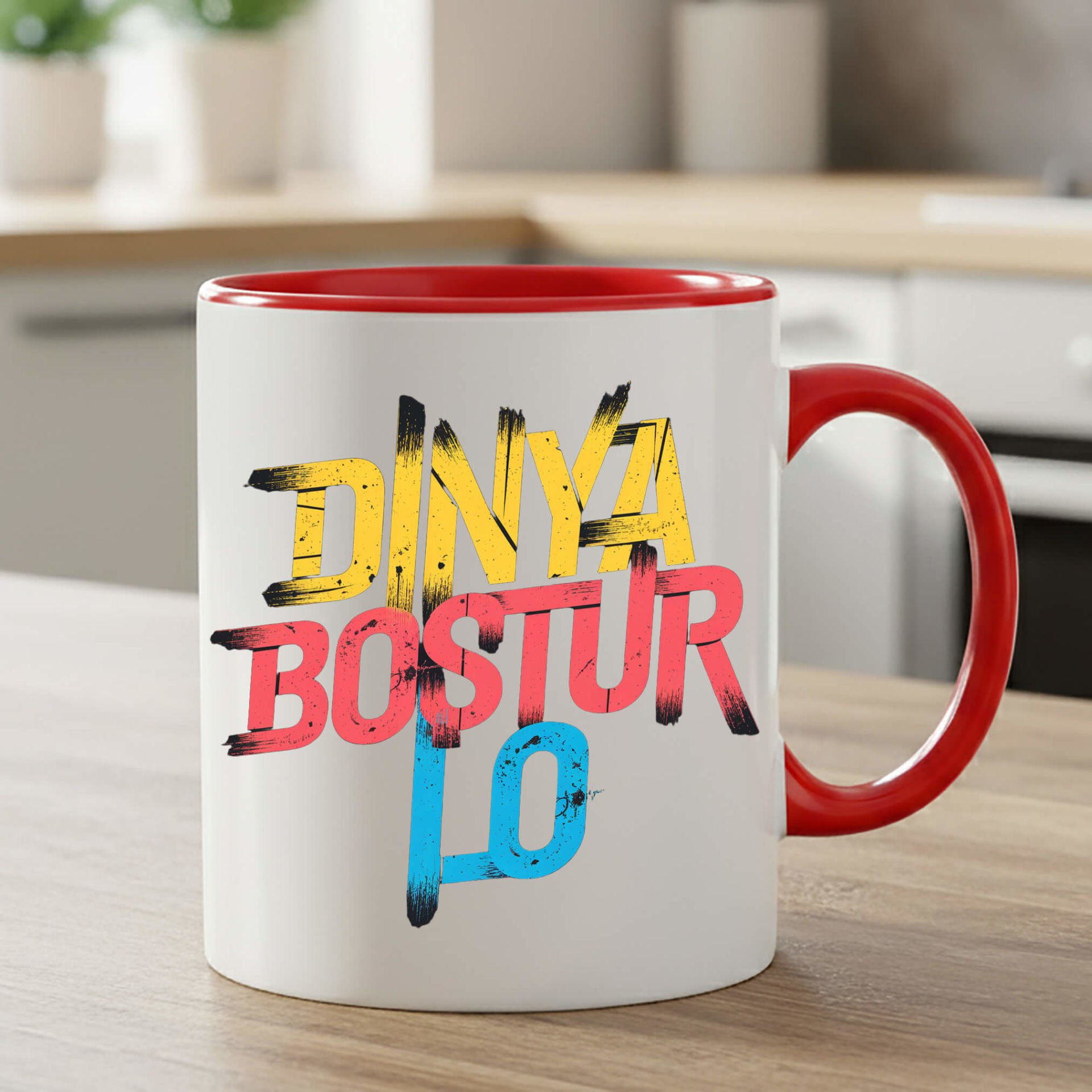 Dinya Boştur Lo Yazılı Kırmızı Renkli Klasik Kupa Bardağı - Dünya Boştur Lo Kırmızı Renkli Klasik Kupa Bardak