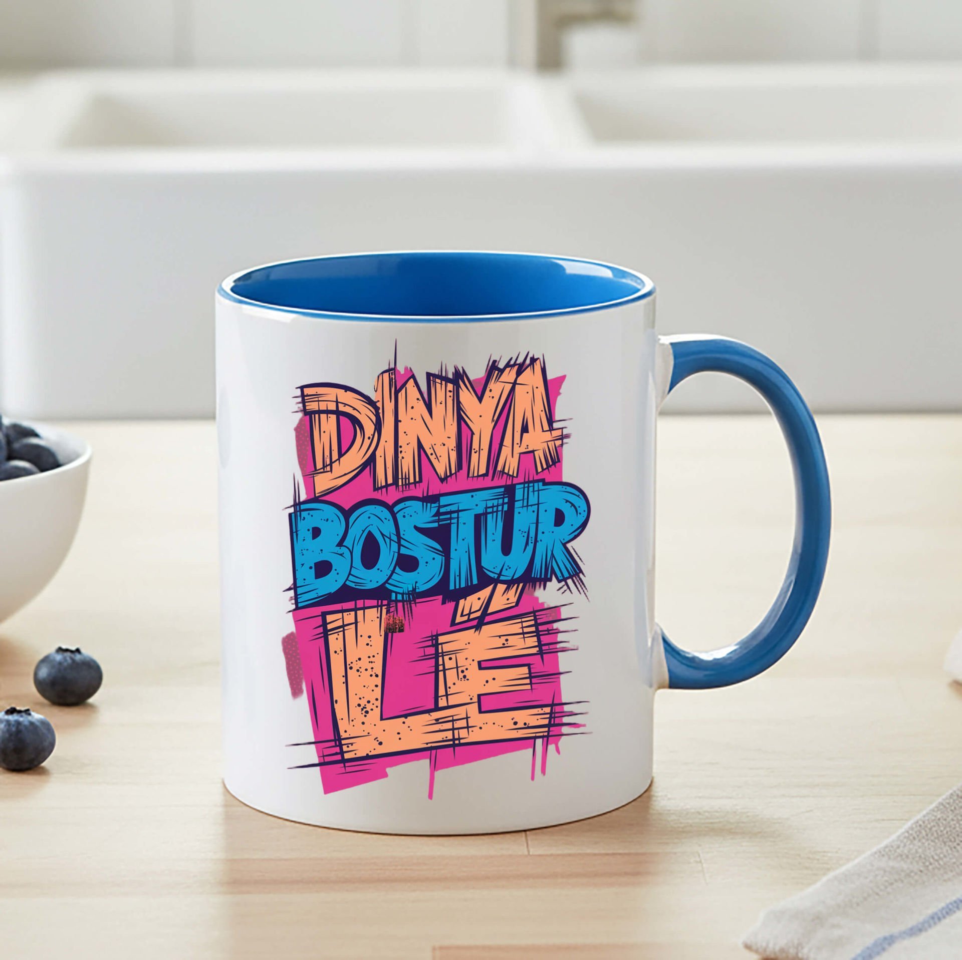 Dinya Boştur Lê Yazılı Mavi Renkli Klasik Kupa Bardağı - Dünya Boştur Lê Mavi Renkli Klasik Kupa Bardak