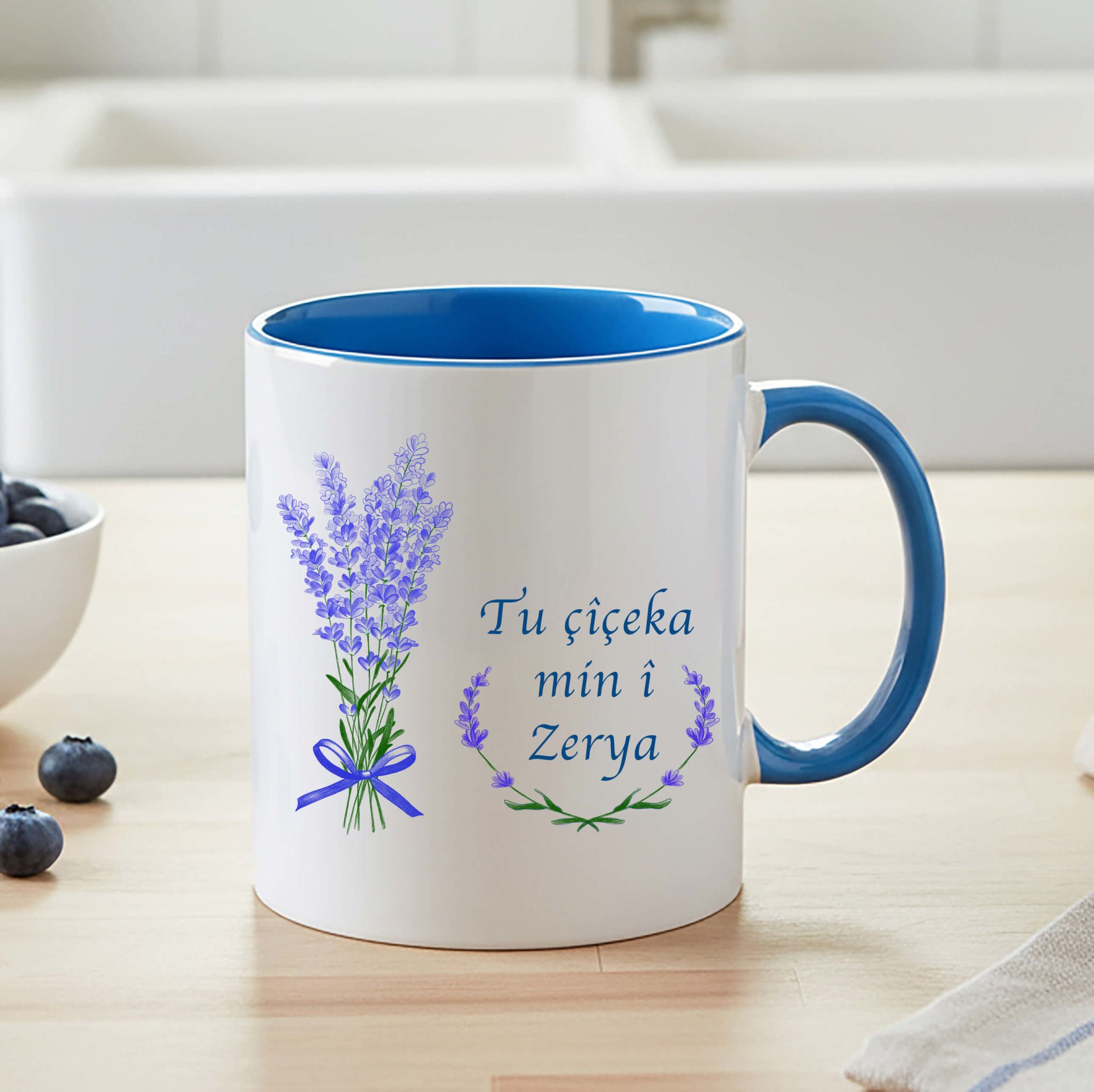 Sevgililere Özel Kürtçe Tu Çîçeka Min i Mavi Renkli Klasik Kupa Bardağı - Kürtçe Tu Çîçeka Min i Mavi Renkli Klasik Kupa Bardak