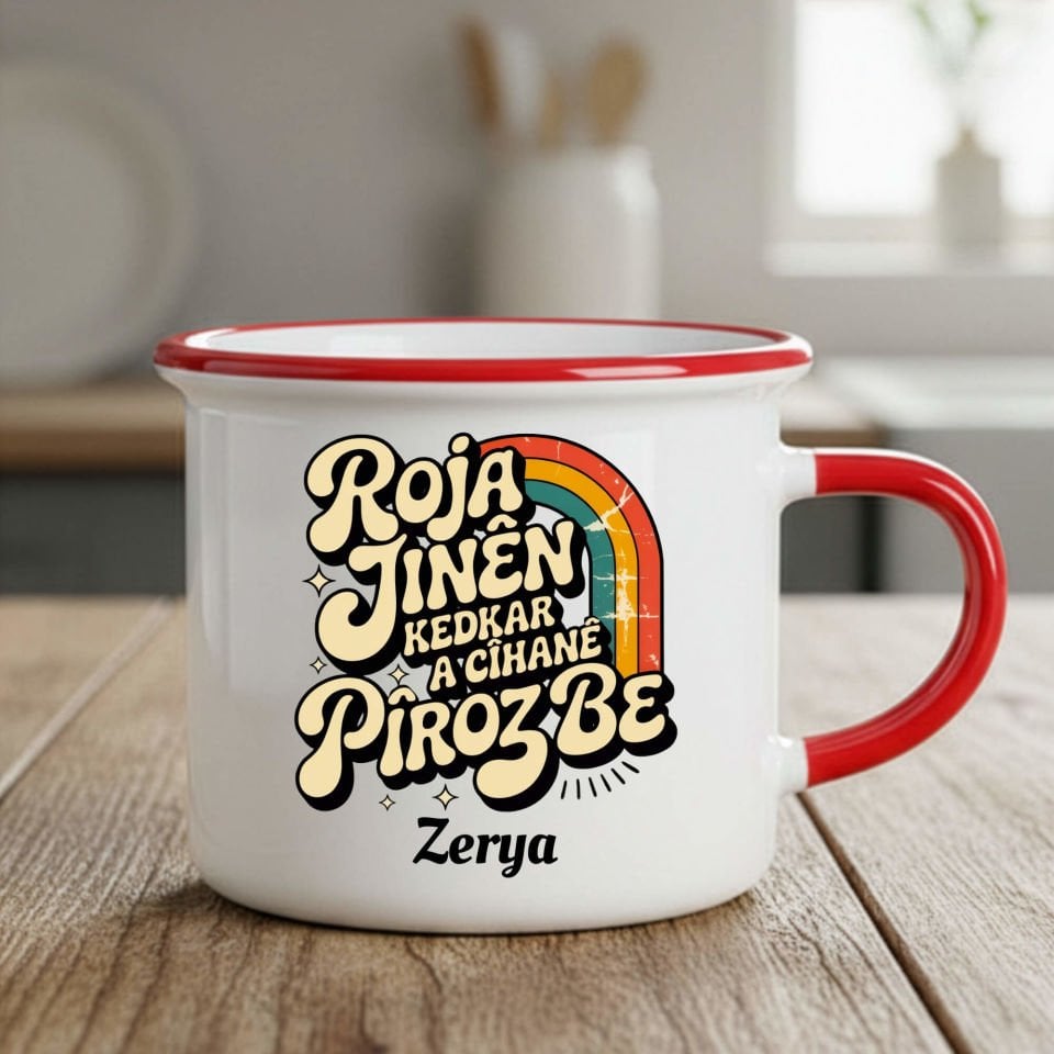 İsme Özel Kürtçe 8 Mart Roja Jinên Kedkar Ya Cîhanê Pîroz Be Enamel Kırmızı Renk Porselen Kupa Bardak - 8ê Adarê