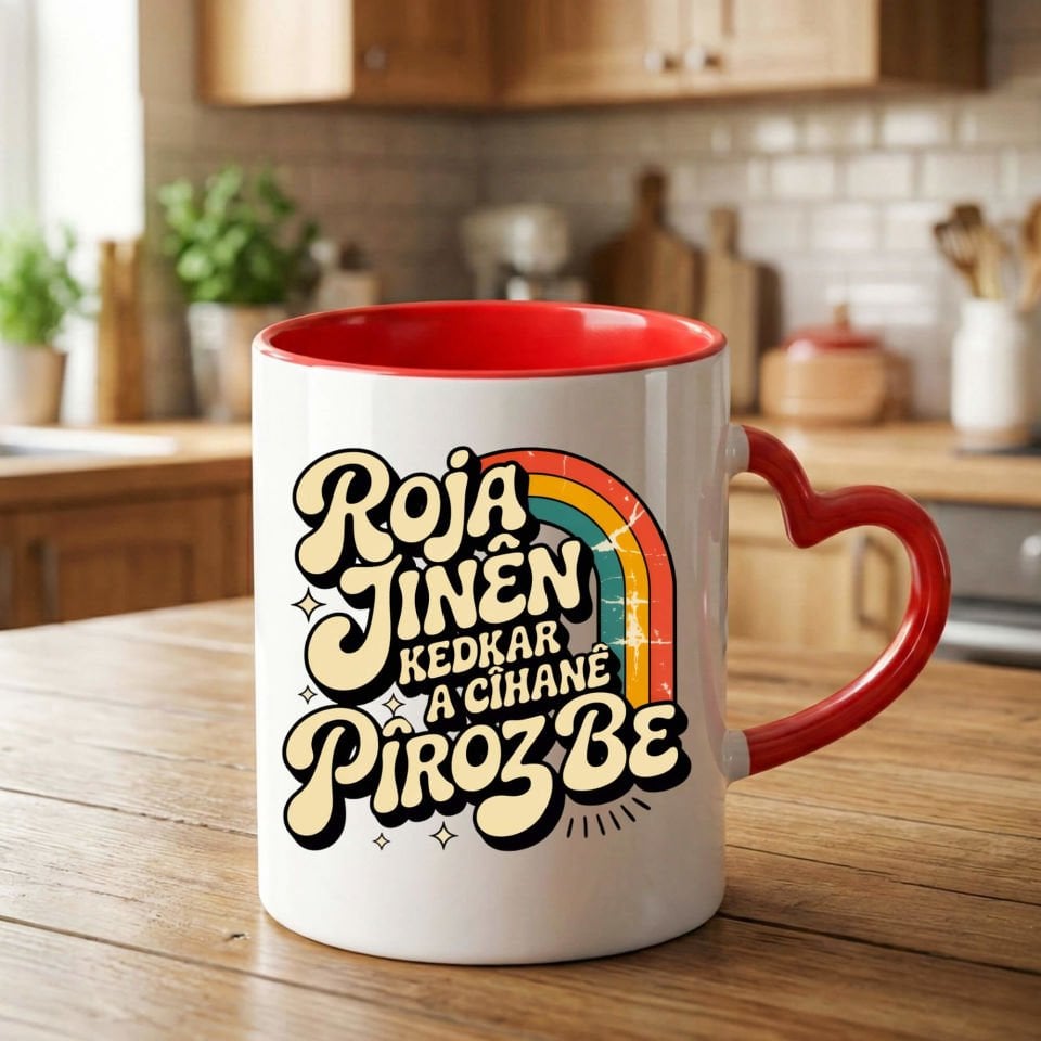 Kürtçe 8 Mart Roja Jinên Kedkar Ya Cîhanê Pîroz Be Kırmızı Renk Kalpli Porselen Kupa Bardak - 8ê Adarê