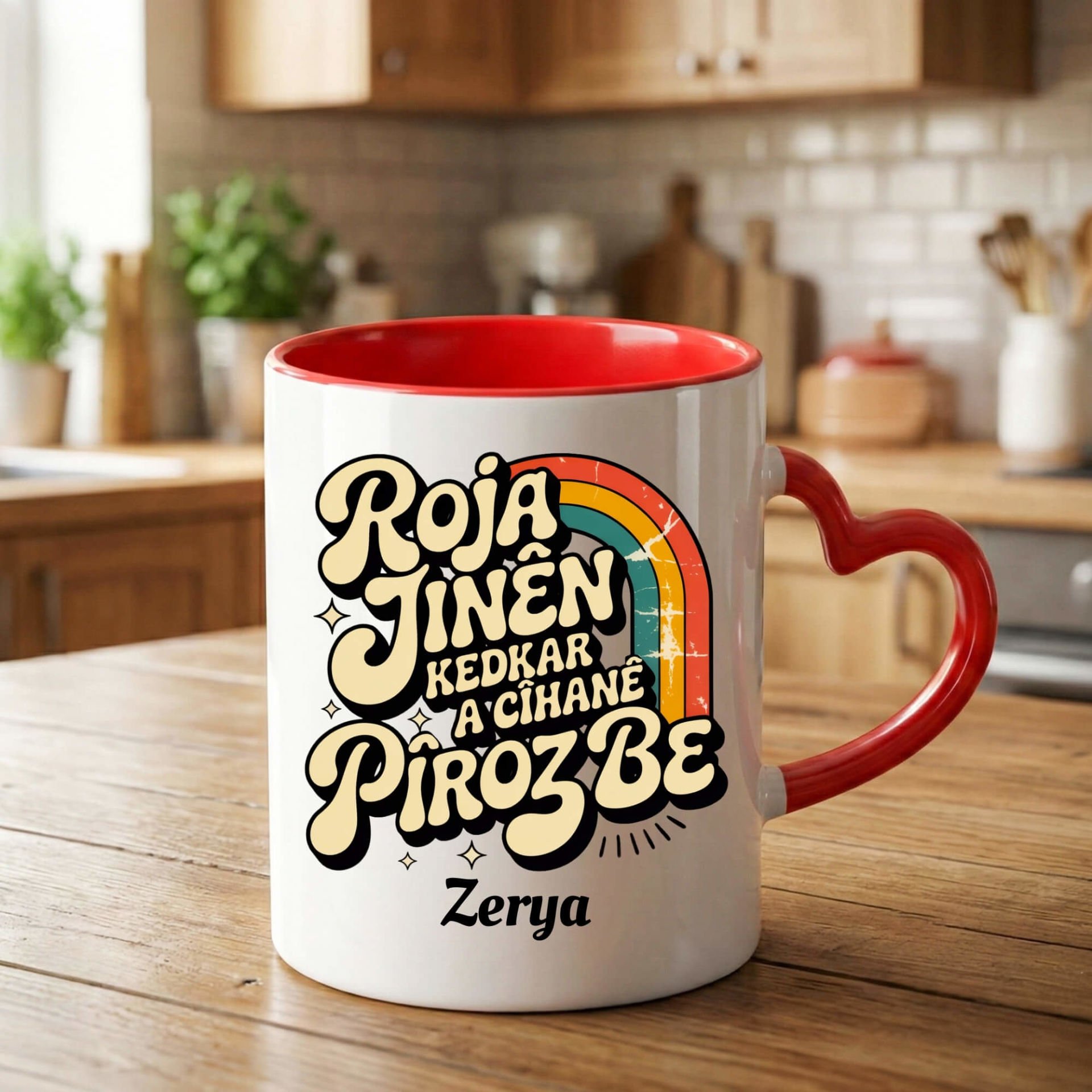 İsme Özel Kürtçe 8 Mart Roja Jinên Kedkar Ya Cîhanê Pîroz Be Kırmızı Renk Kalpli Porselen Kupa Bardak - 8ê Adarê