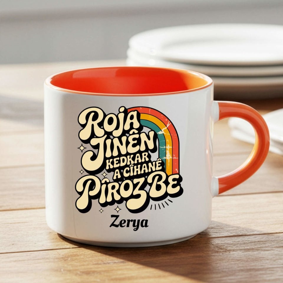 İsme Özel Kürtçe 8 Mart Roja Jinên Kedkar Ya Cîhanê Pîroz Be Nescafe Turuncu Renk Porselen Kupa Bardak - 8ê Adarê