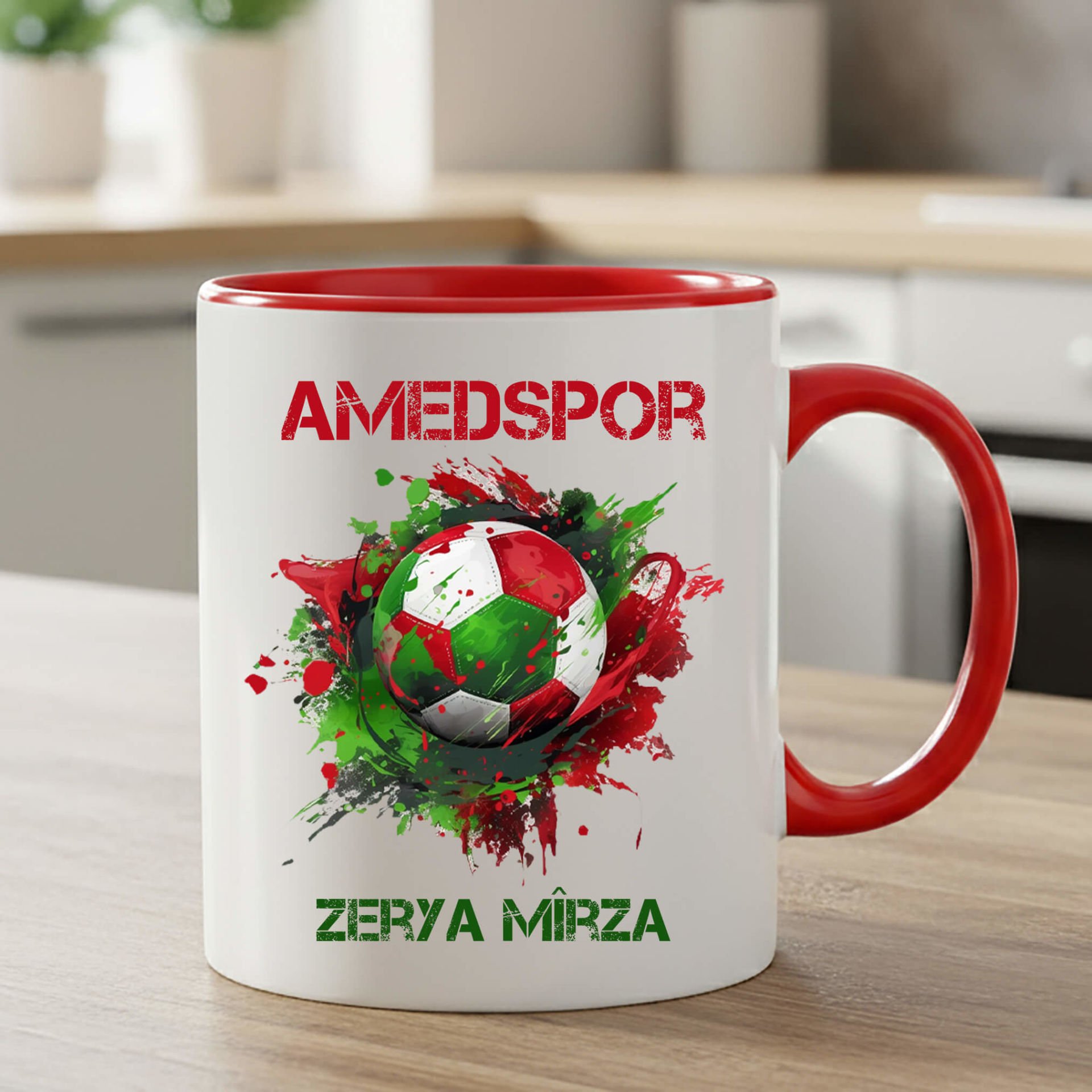İsme Özel Amedspor Futbol Toplu Kırmızı Renkli Klasik Kupa Bardağı - Amed Spor Kırmızı Renkli Klasik Kupa Bardak