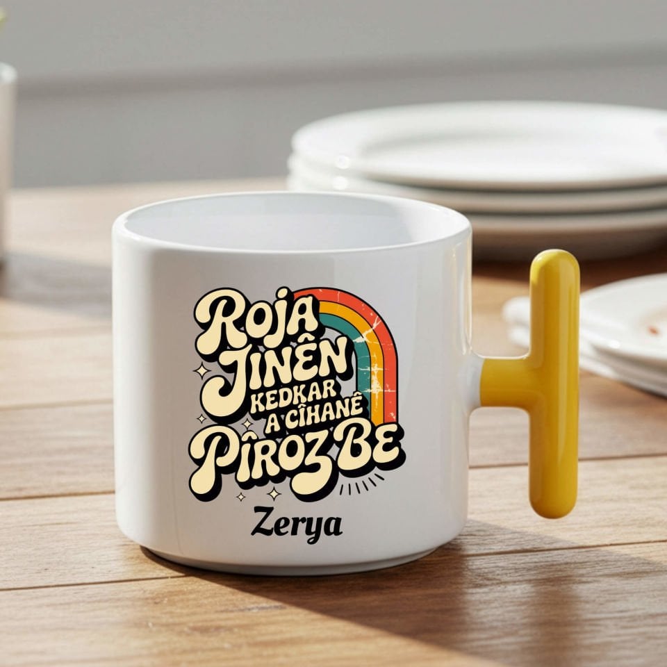 İsme Özel Kürtçe 8 Mart Roja Jinên Kedkar Ya Cîhanê Pîroz Be T Kupa Sarı Renk Porselen Bardak - 8ê Adarê