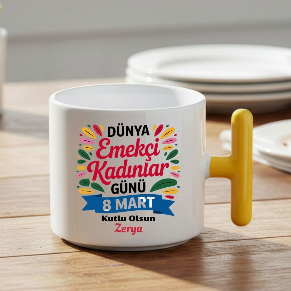 İsme Özel 8 Mart Dünya Emekçi Kadınlar Günü Kutlu Olsun T Kupa Sarı Renk Porselen Bardak